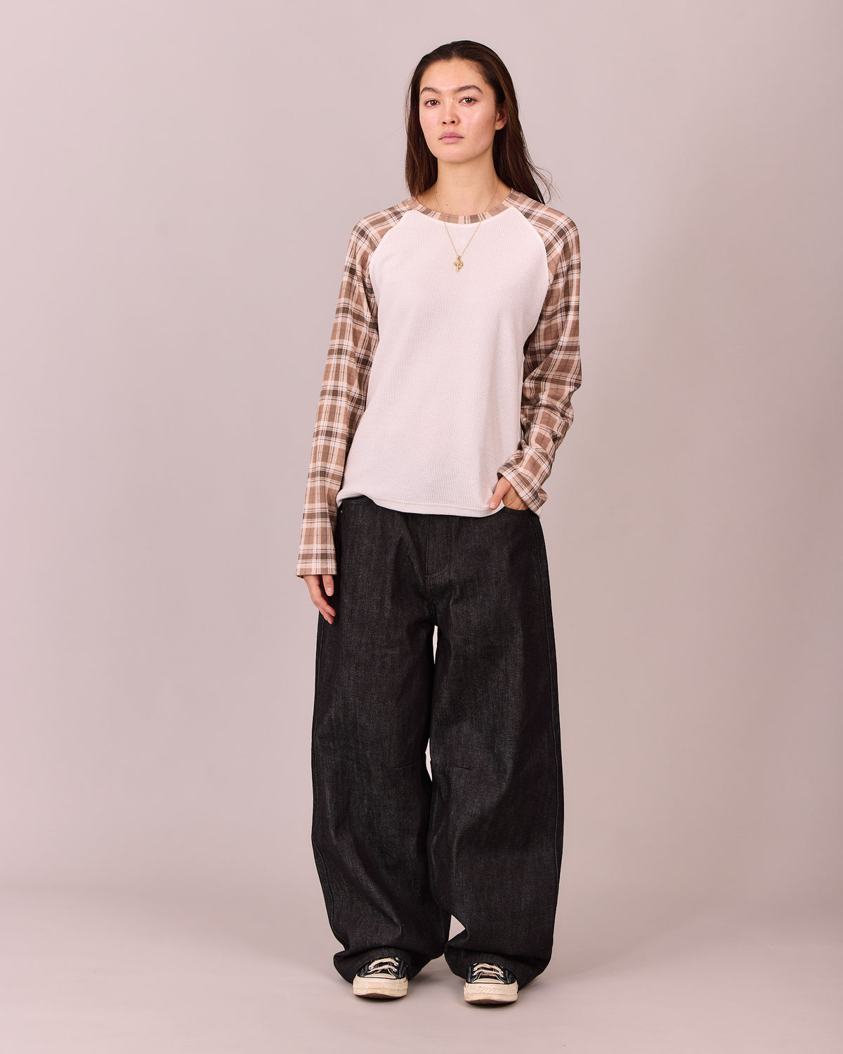MG x Avoni LS Boxy Waffle Raglan Tee - Brown Check