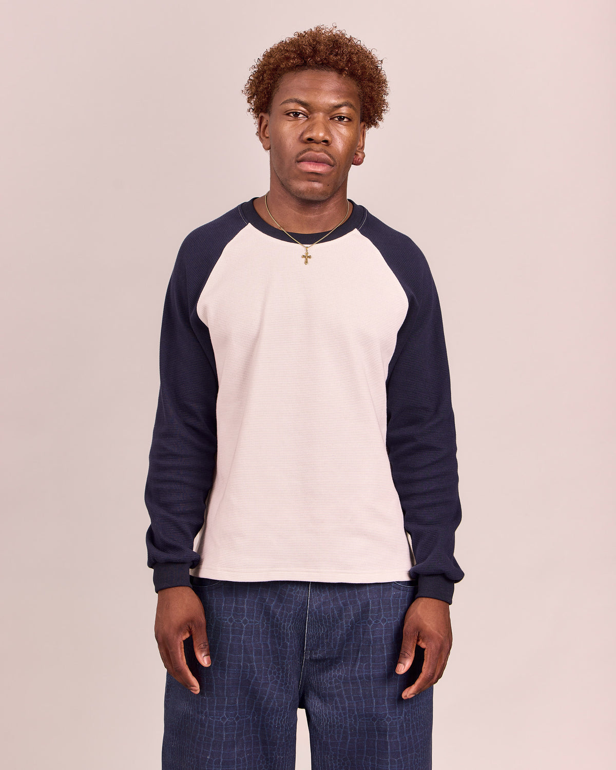 LS Raglan Waffle Tee - Marshmallow/Navy