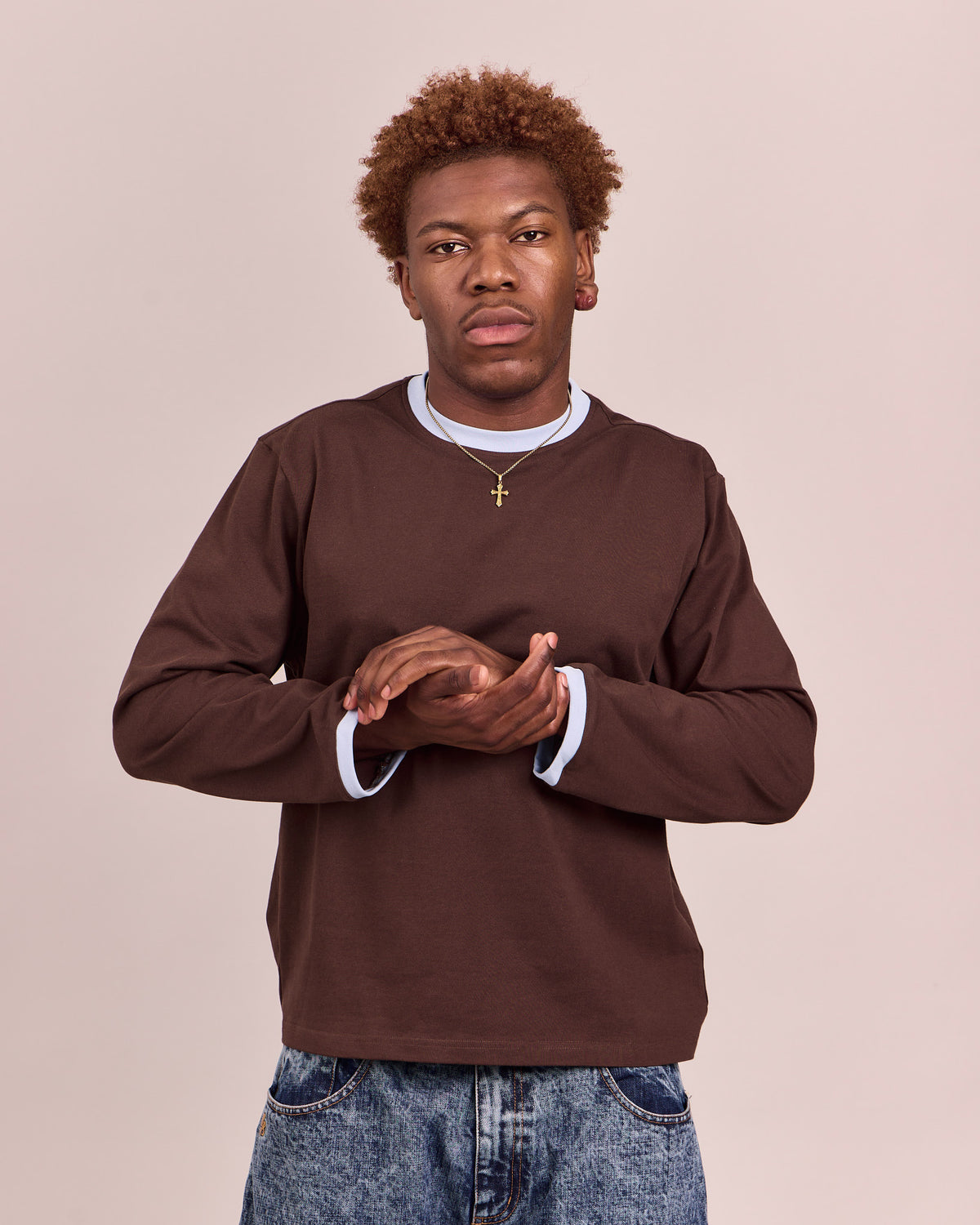 LS Ringer Tee - Brown/Baby Blue