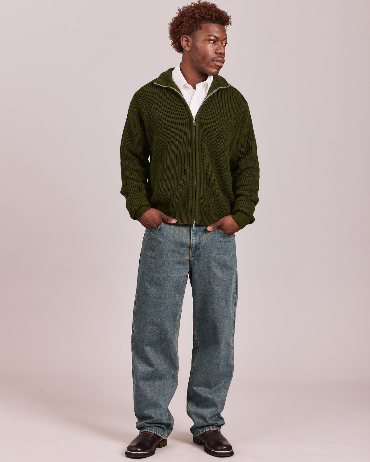 Fisherman Zip Cardigan Knit - Dark Moss