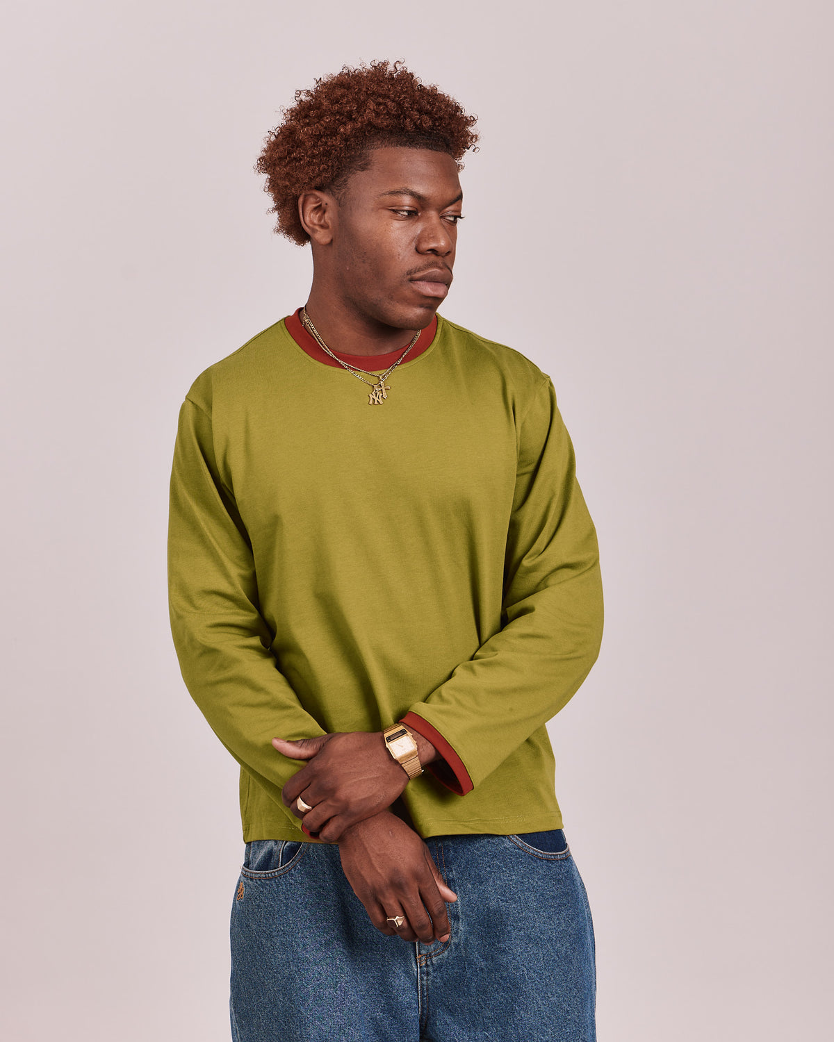 LS Ringer Tee - Dark Moss/Wine Red