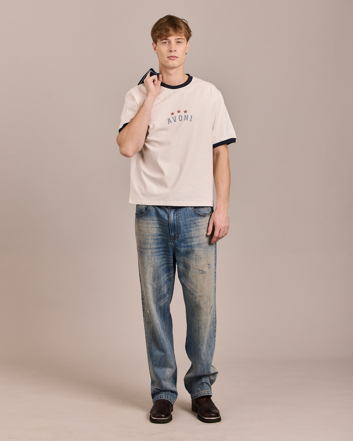 SS Star Ringer Tee - Off White/Navy