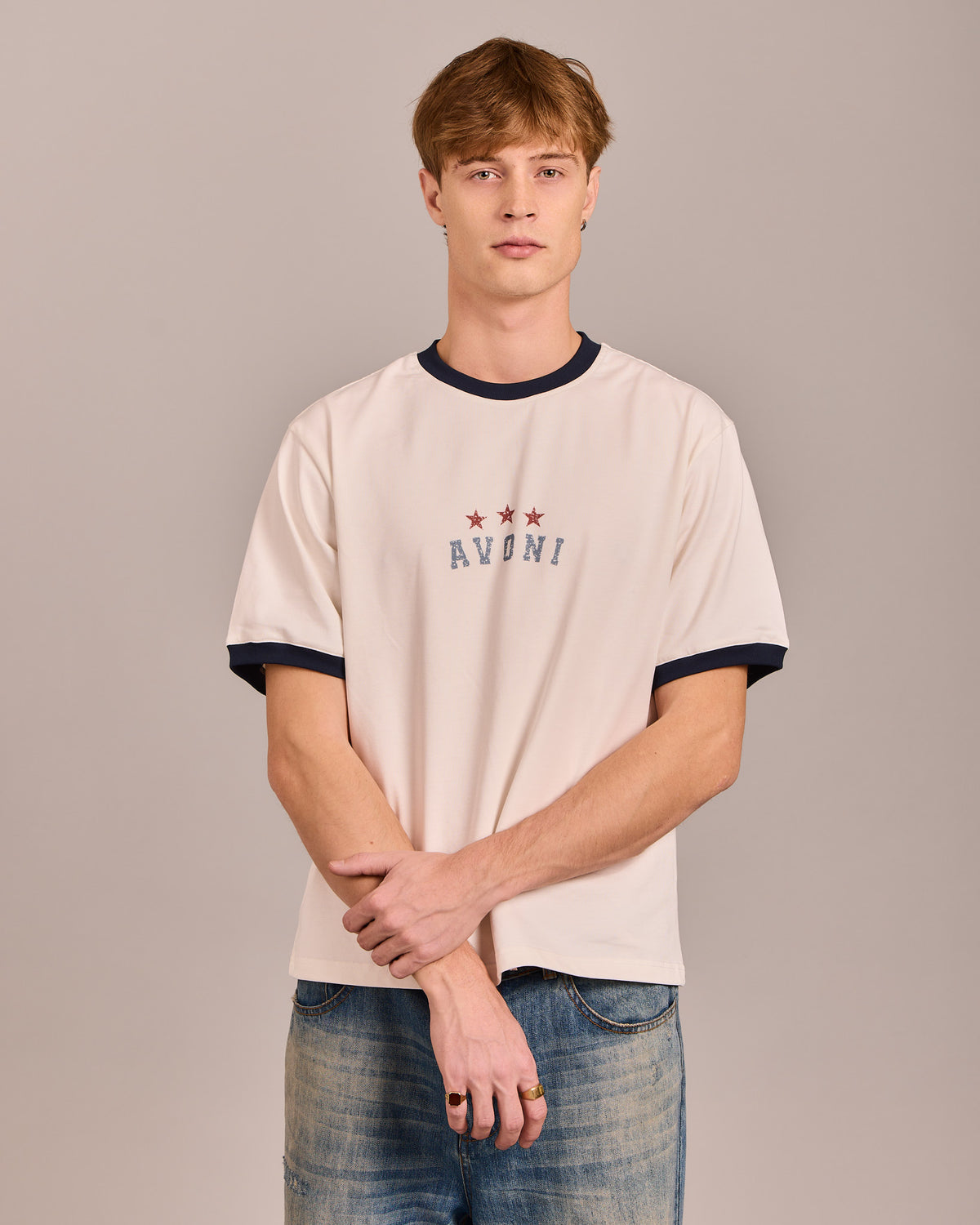 SS Star Ringer Tee - Off White/Navy