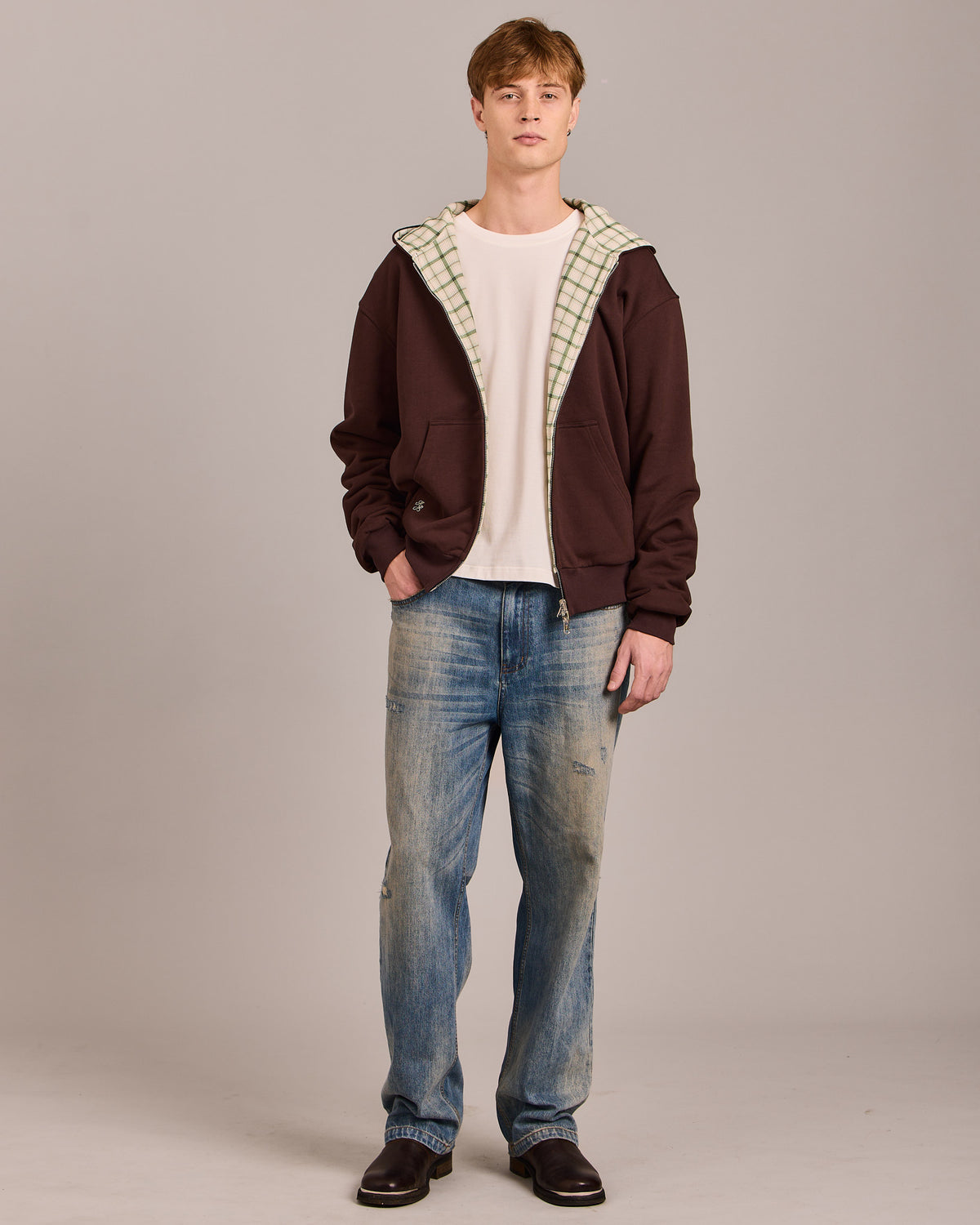 Reversible Zip Hoodie - Dark Brown/Green Check