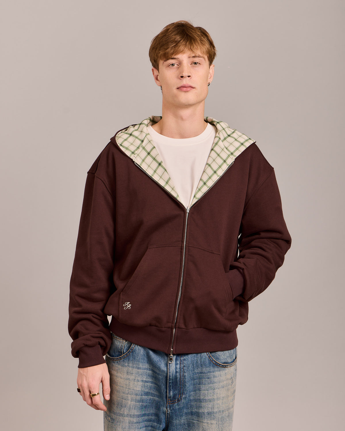 Reversible Zip Hoodie - Dark Brown/Green Check