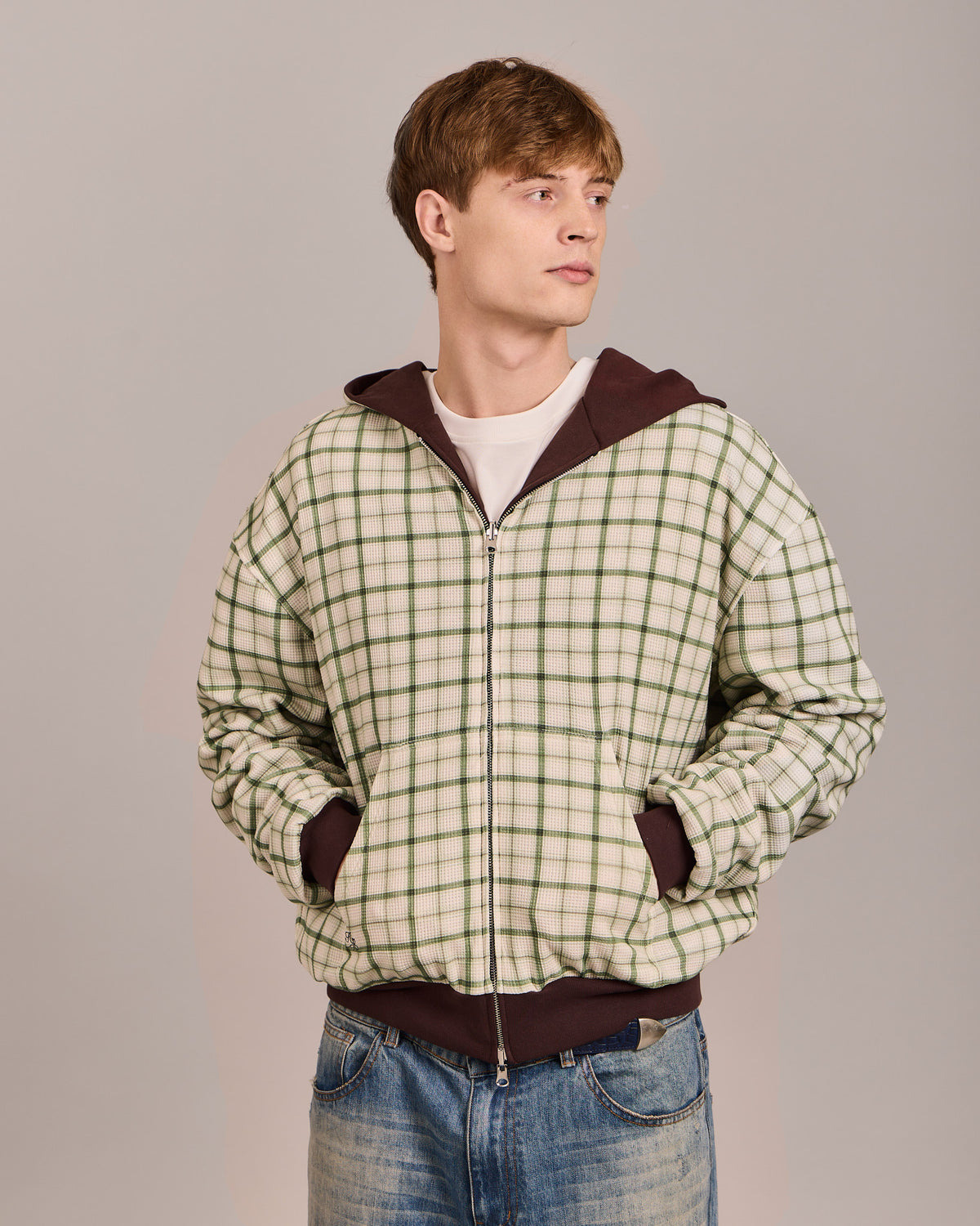 Reversible Zip Hoodie - Dark Brown/Green Check