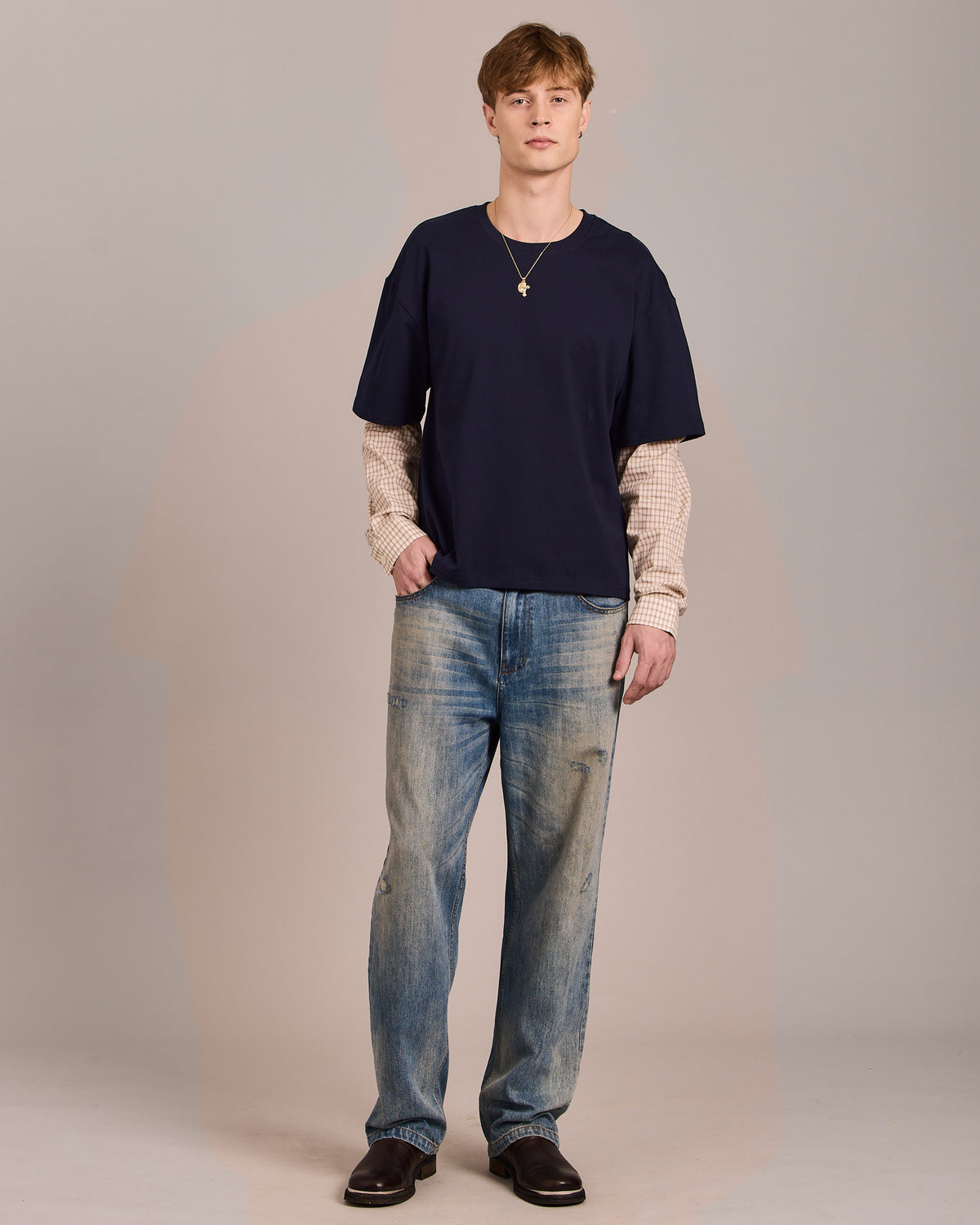 LS Shirt w. Tee - Navy/Orange Check