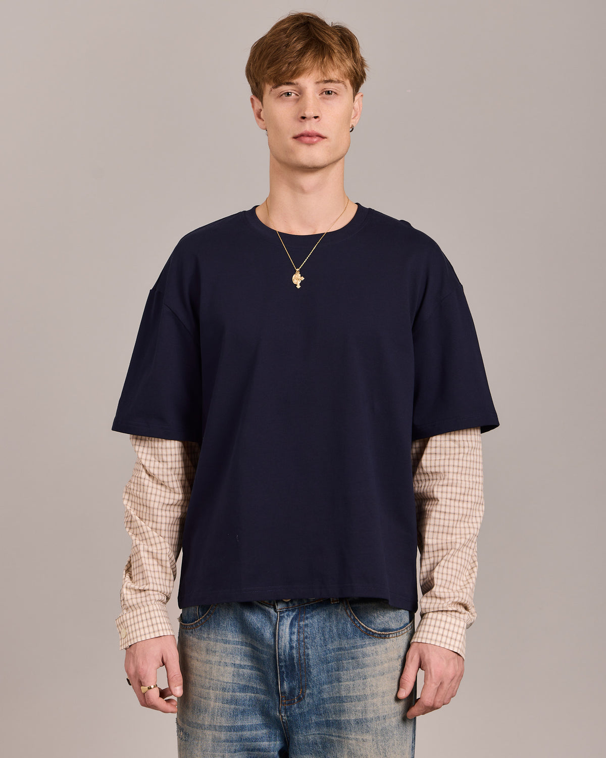 LS Shirt w. Tee - Navy/Orange Check