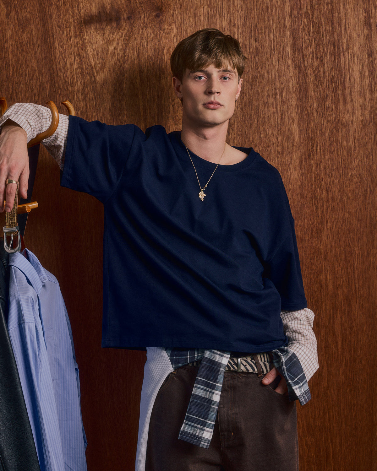 LS Shirt w. Tee - Navy/Orange Check