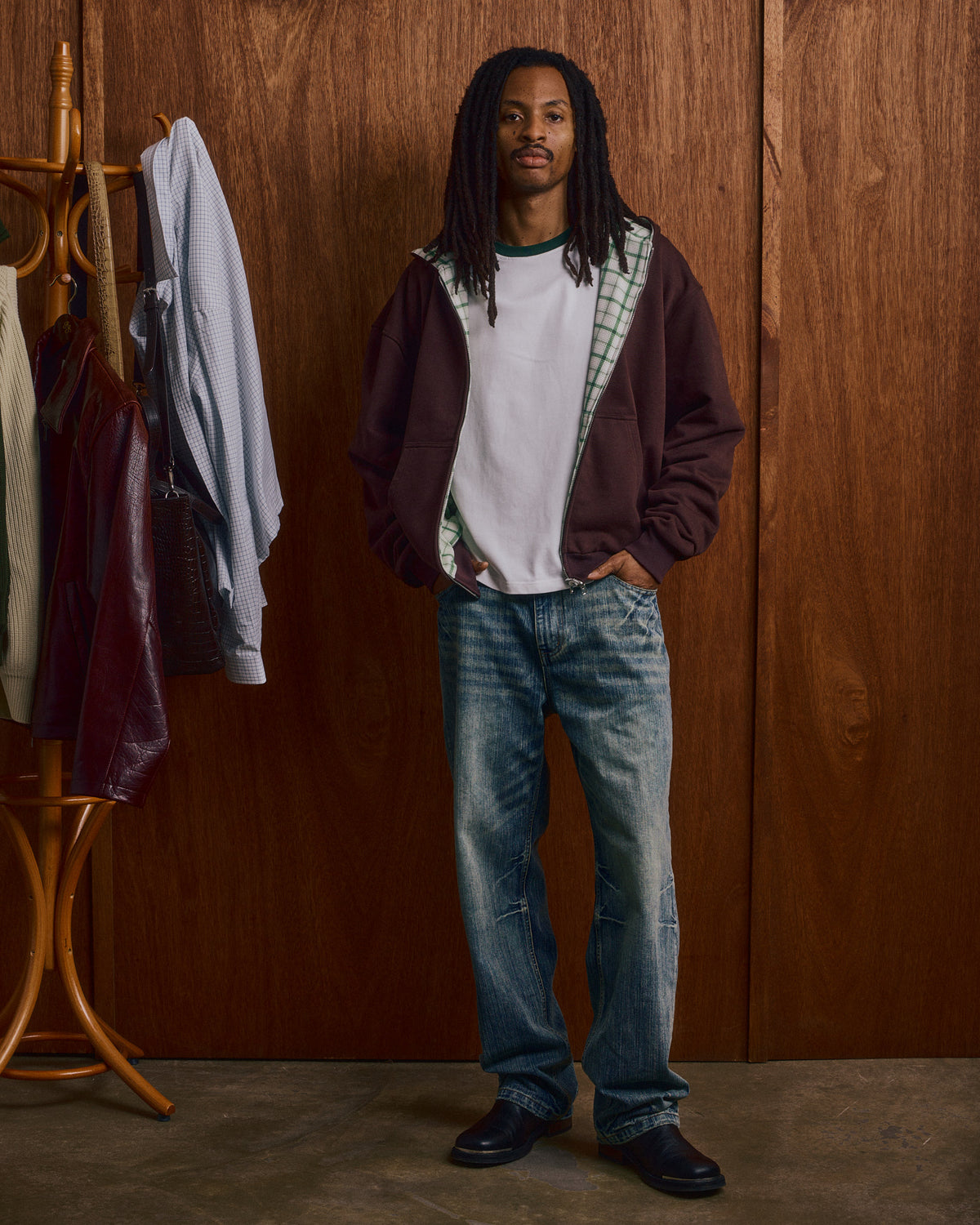 Reversible Zip Hoodie - Dark Brown/Green Check