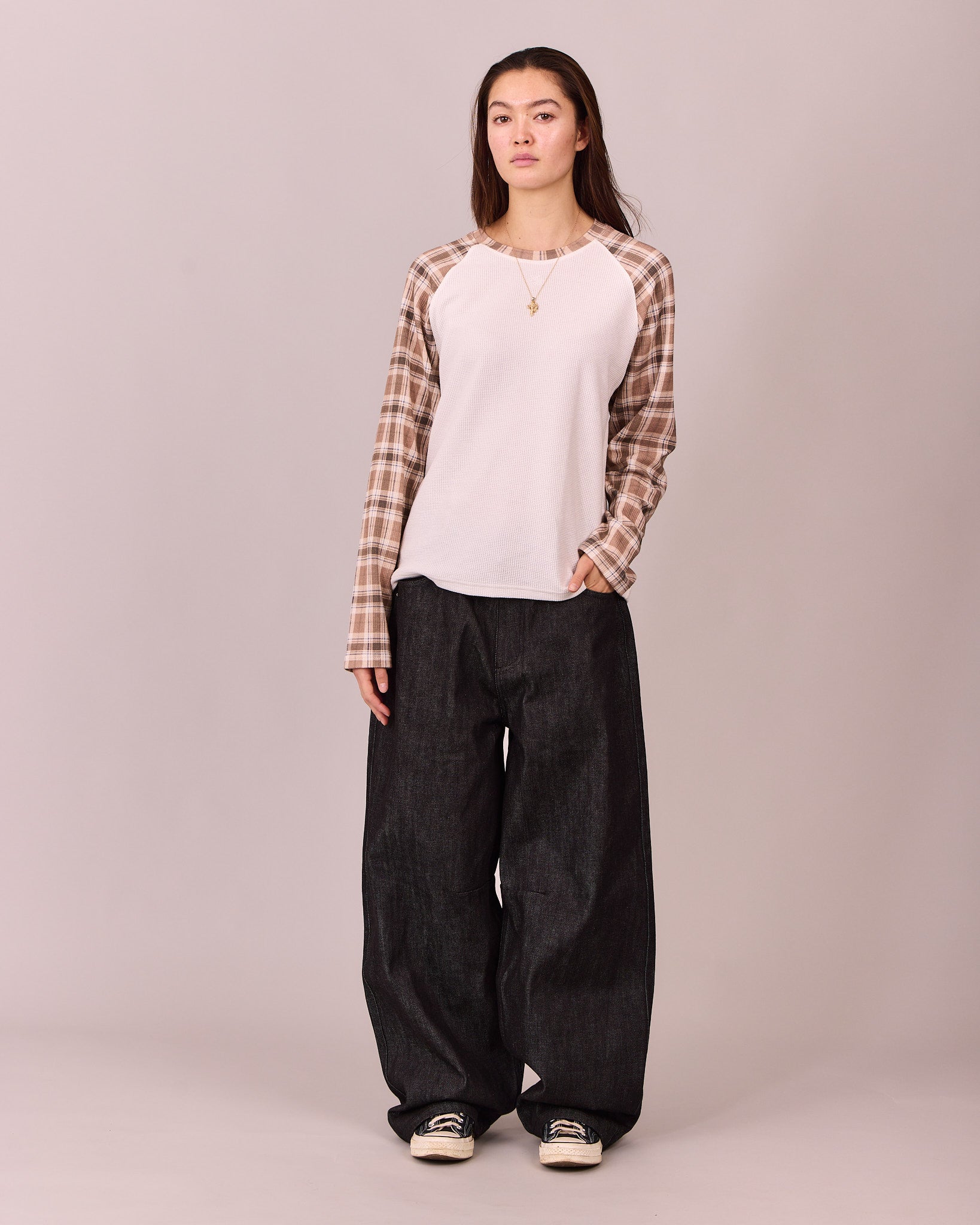 MG x Avoni LS Boxy Waffle Raglan Tee - Brown Check