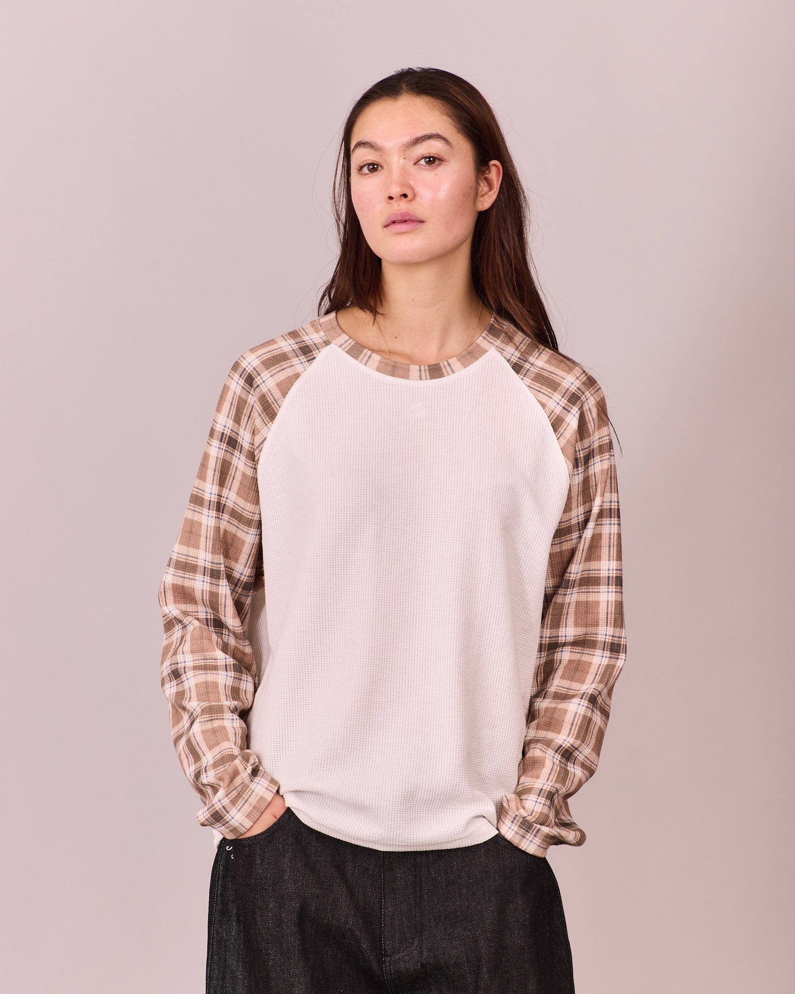 MG x Avoni LS Boxy Waffle Raglan Tee - Brown Check