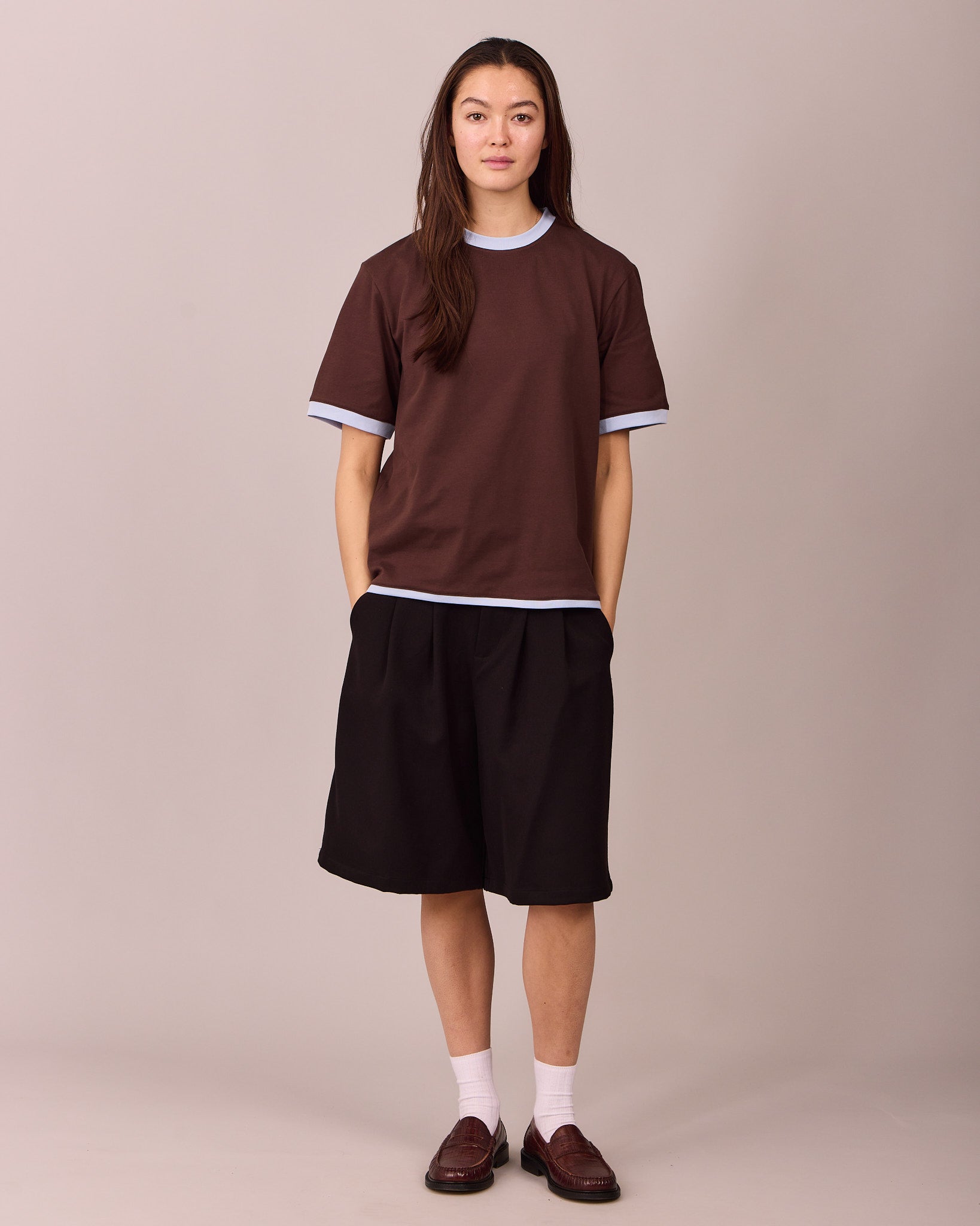 SS Ringer Tee - Brown/Baby Blue