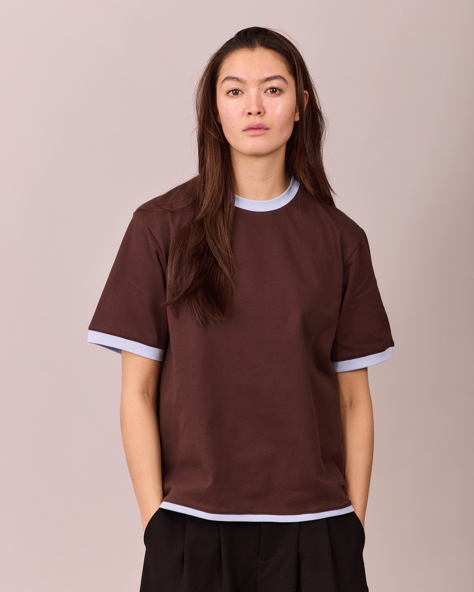 SS Ringer Tee - Brown/Baby Blue