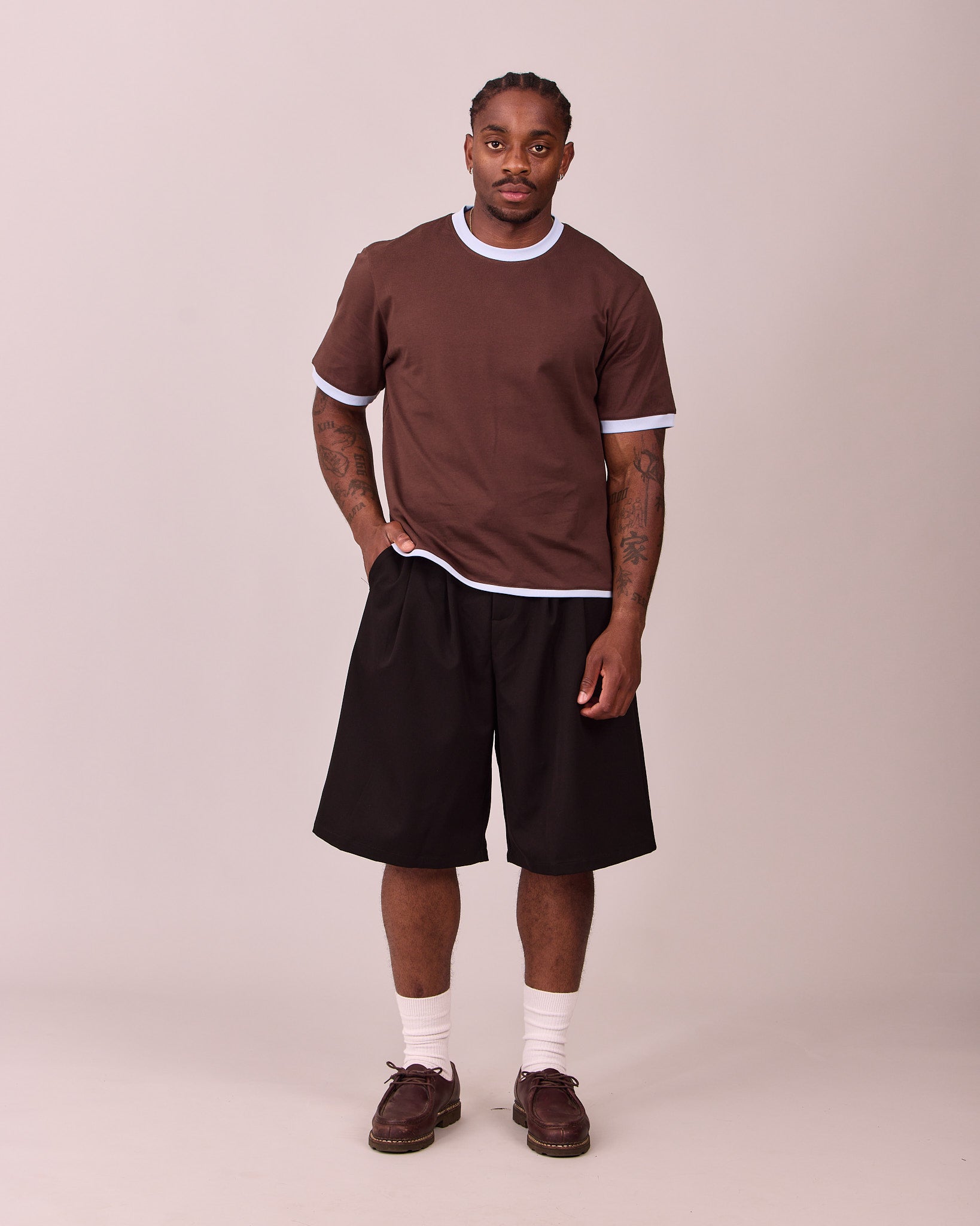 SS Ringer Tee - Brown/Baby Blue
