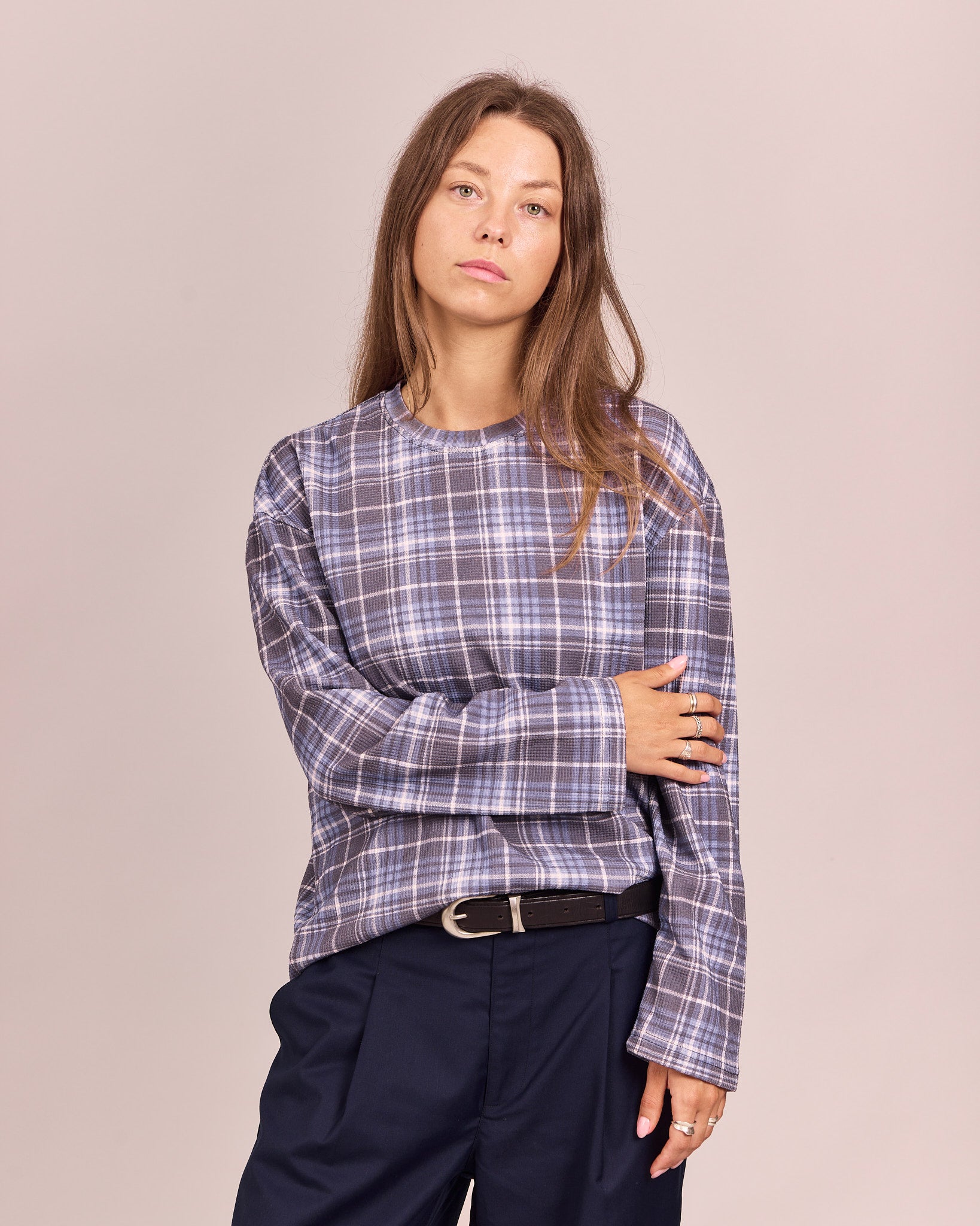 LS Classic Waffle Tee - Navy Check