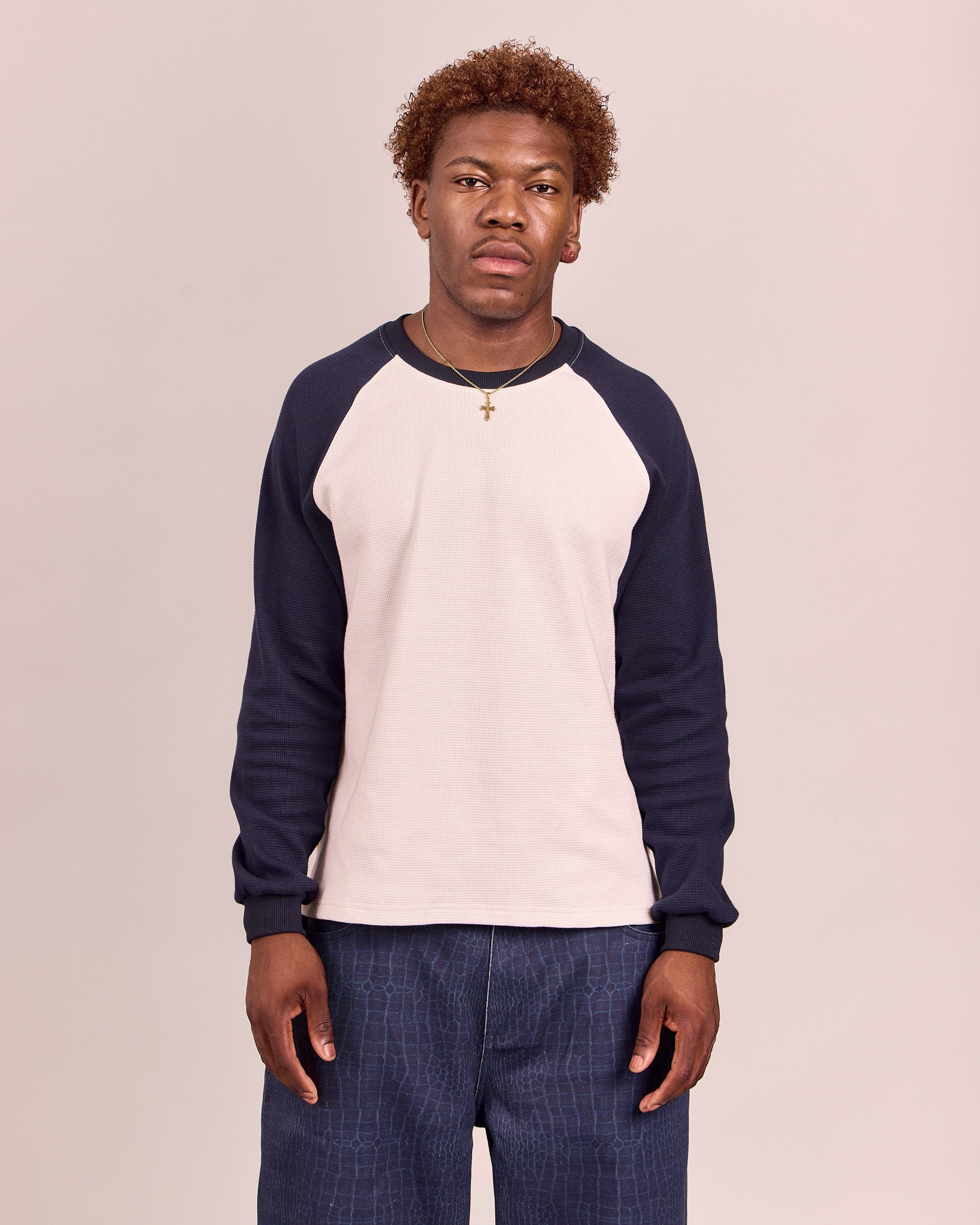 LS Waffle Raglan Tee - Marshmallow/Navy