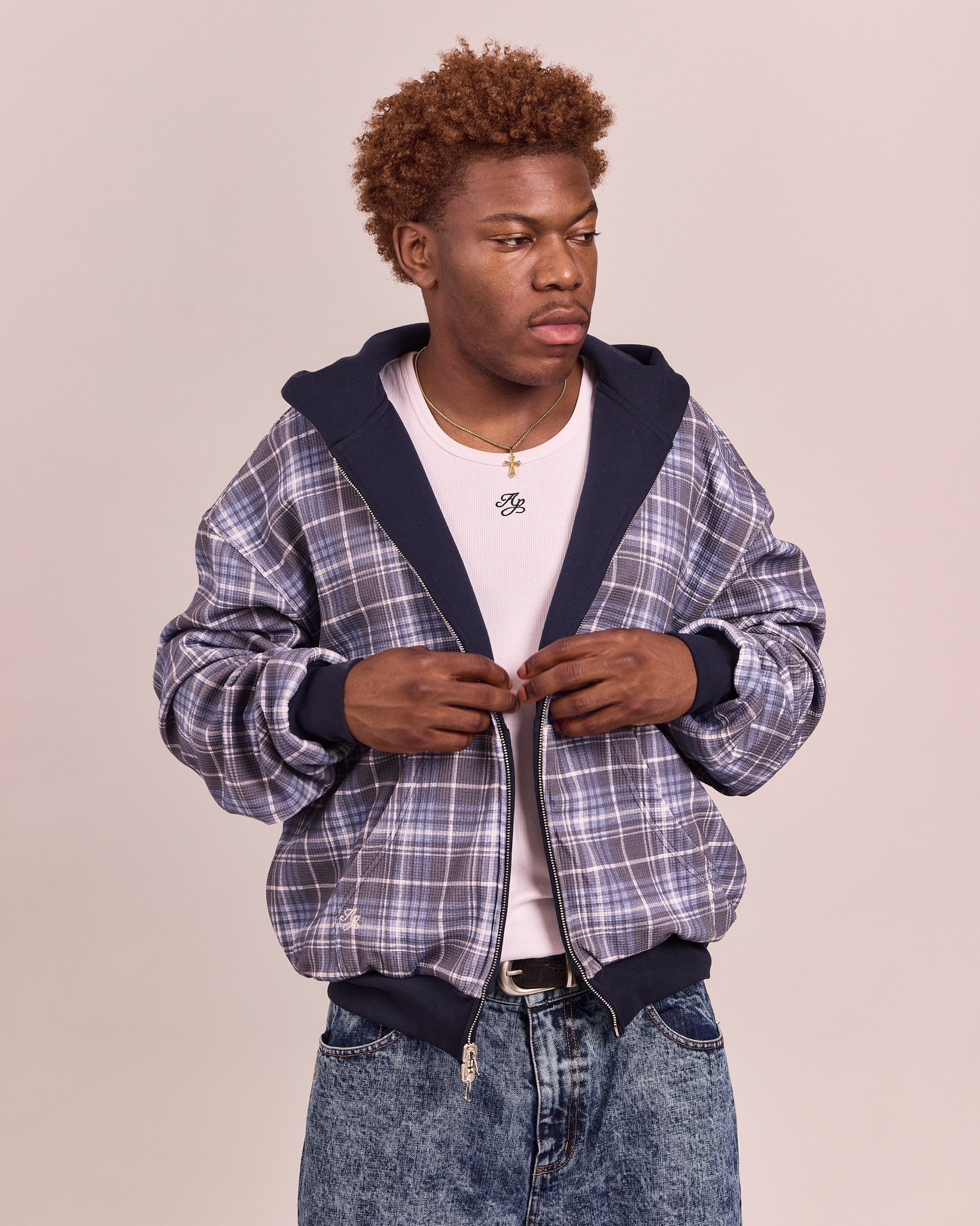 Reversible Zip Hoodie - Navy/Check