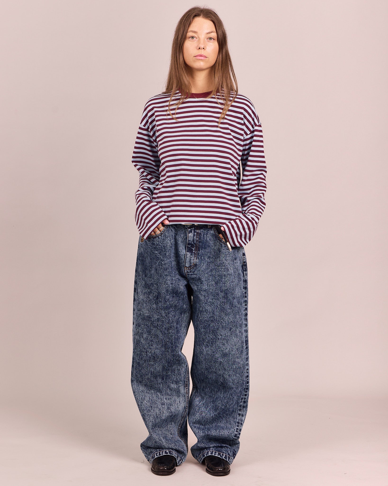 LS Classic Tee - Baby Blue/Burgundy Stripe