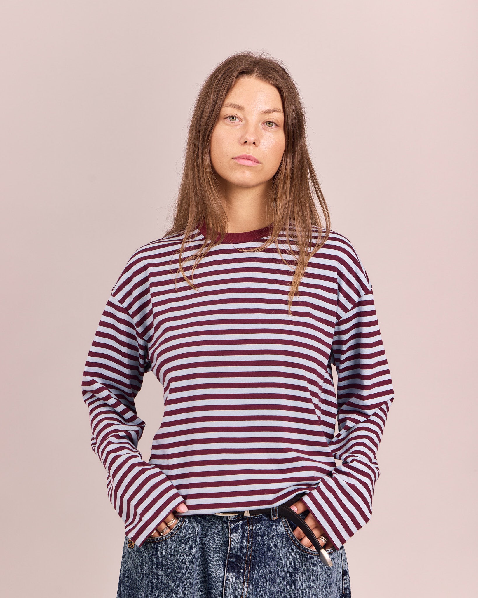 LS Classic Tee - Baby Blue/Burgundy Stripe