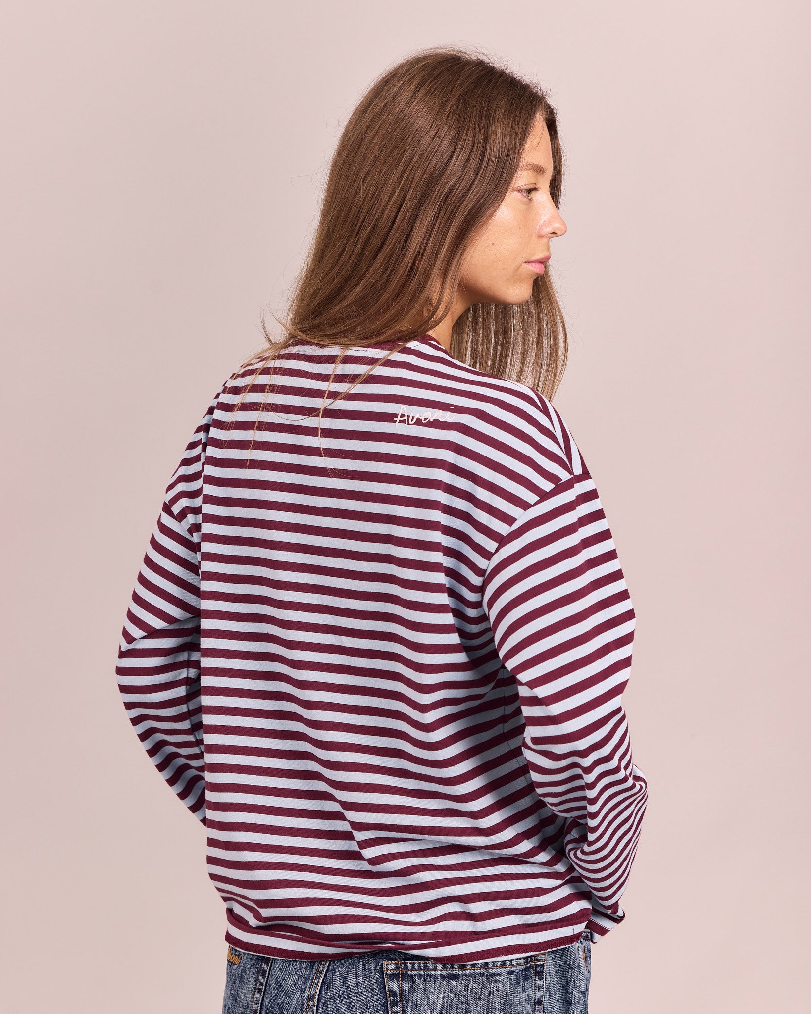 LS Classic Tee - Baby Blue/Burgundy Stripe