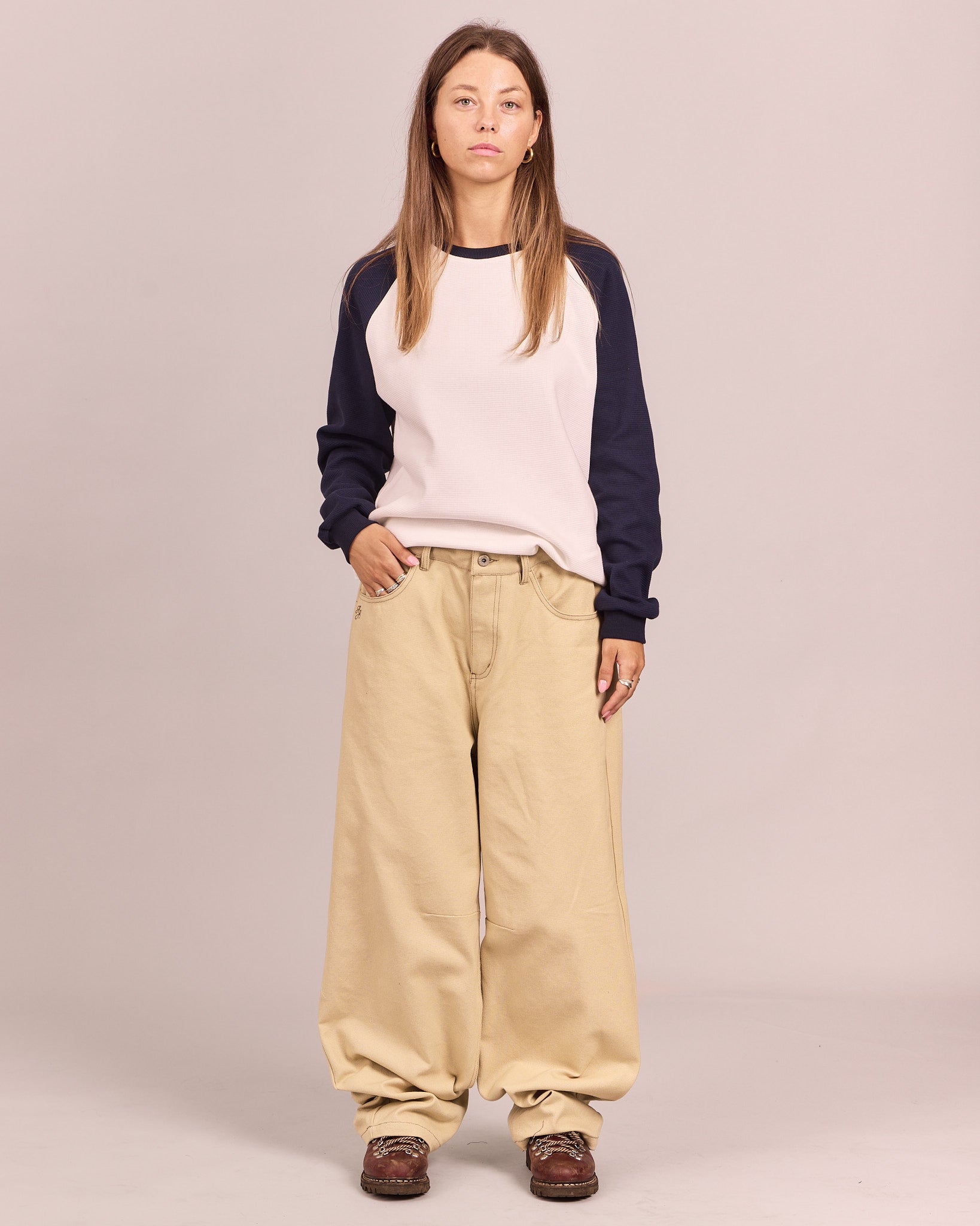 LS Waffle Raglan Tee - Marshmallow/Navy