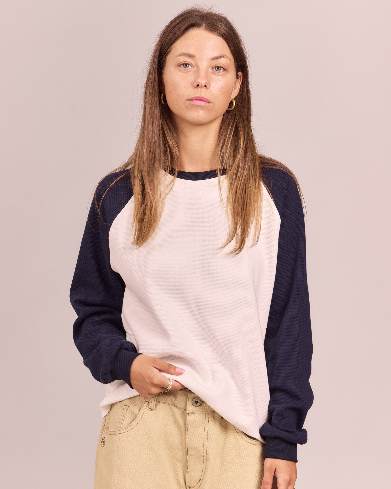 LS Waffle Raglan Tee - Marshmallow/Navy