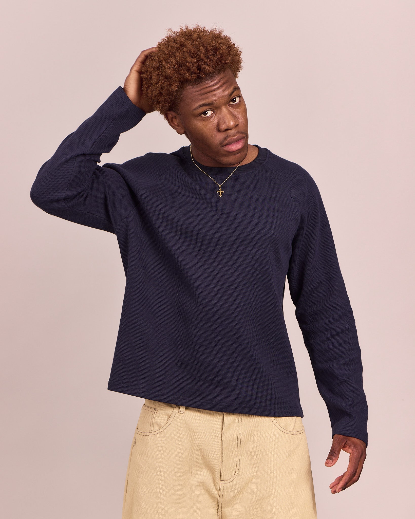 LS Waffle Raglan Tee - Navy
