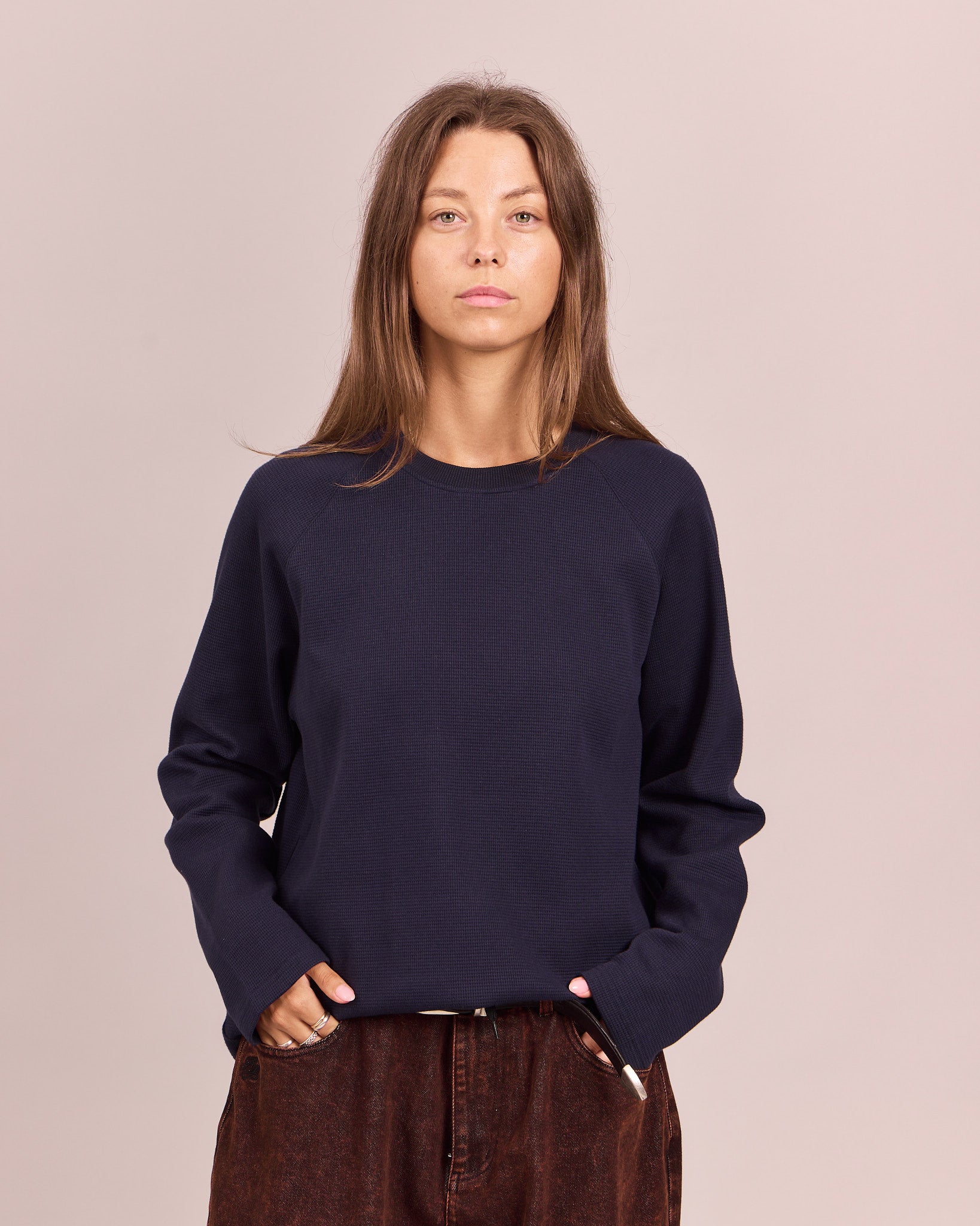 LS Waffle Raglan Tee - Navy