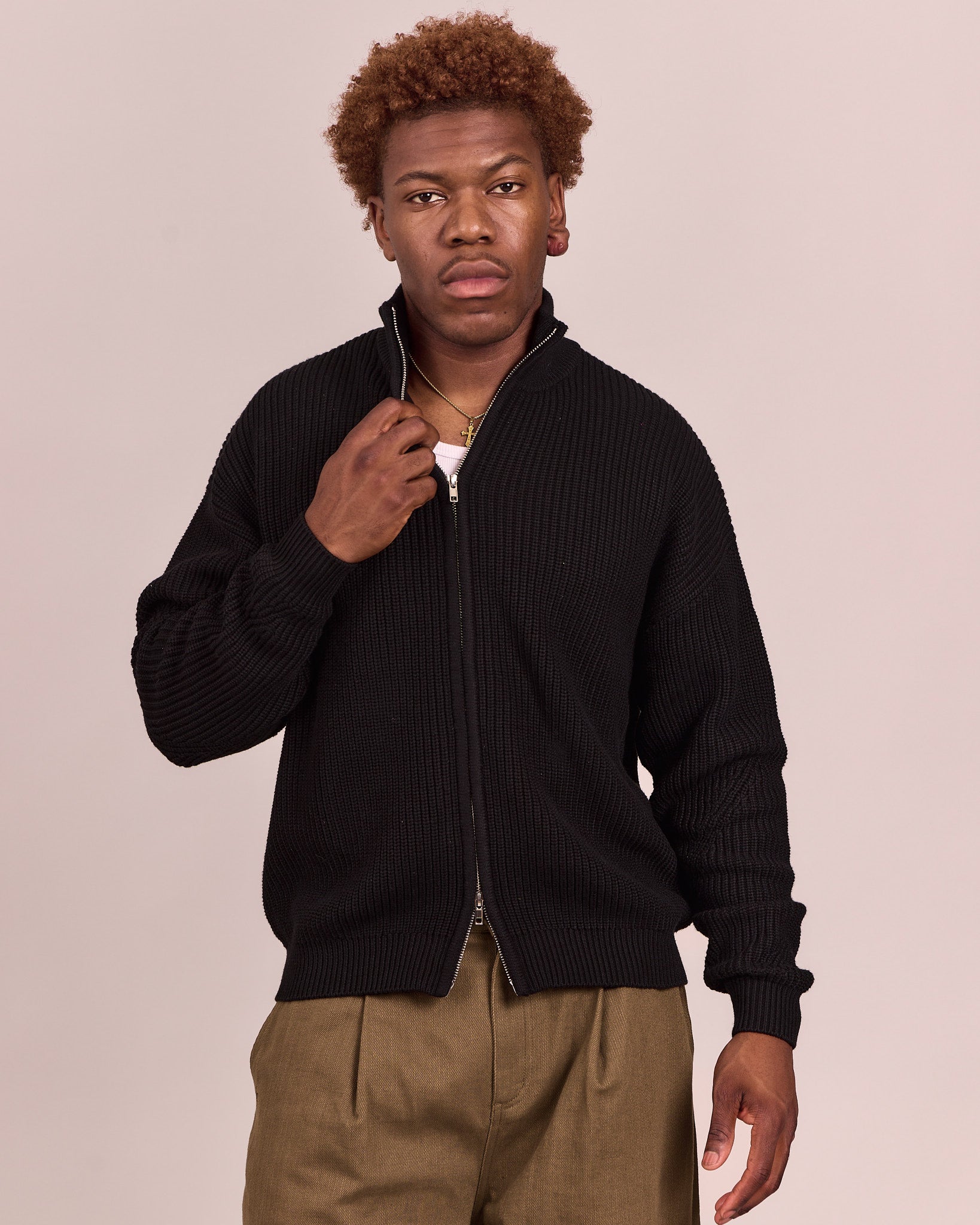Fisherman Zip Cardigan Knit - Black