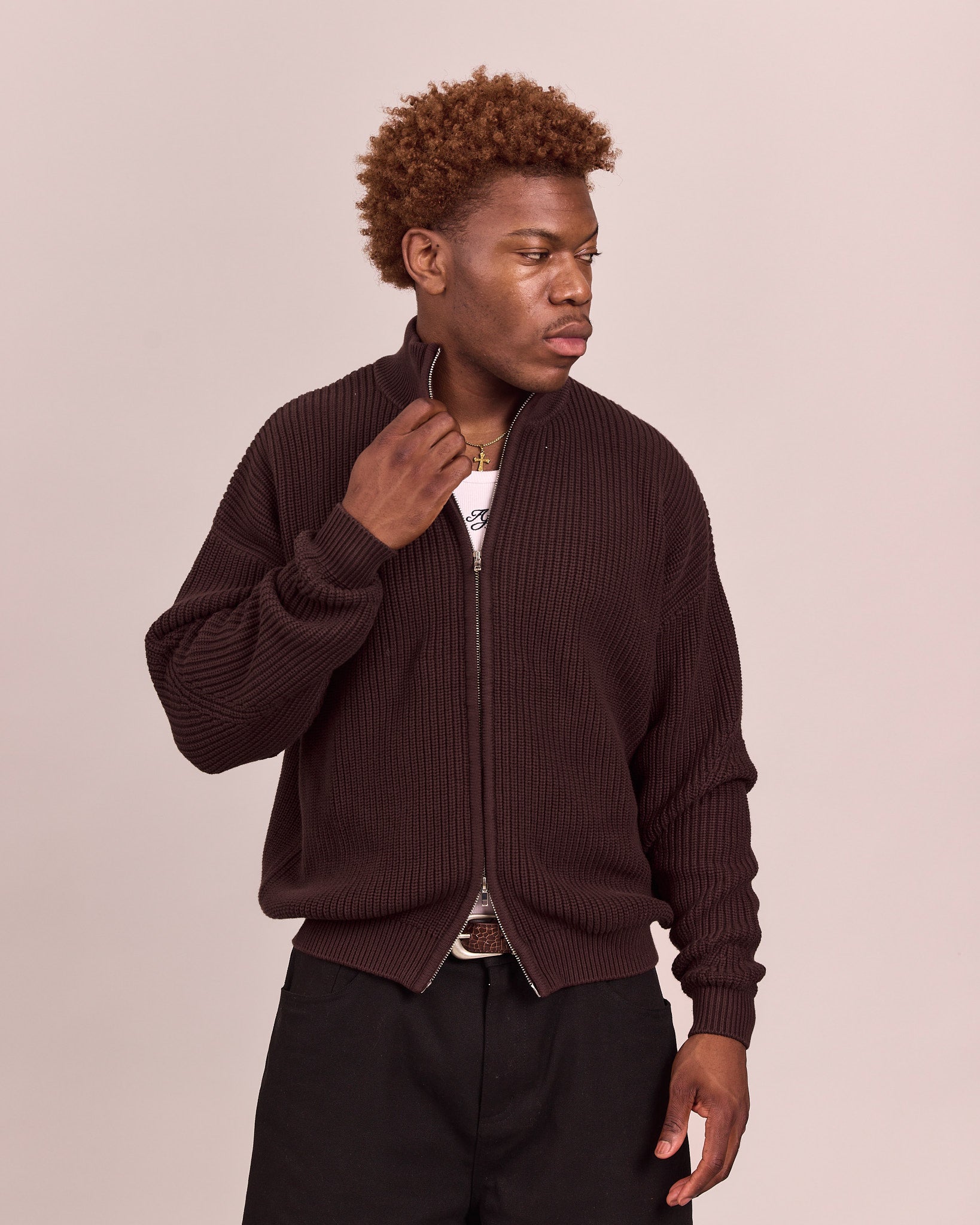 Fisherman Zip Cardigan Knit - Dark Brown