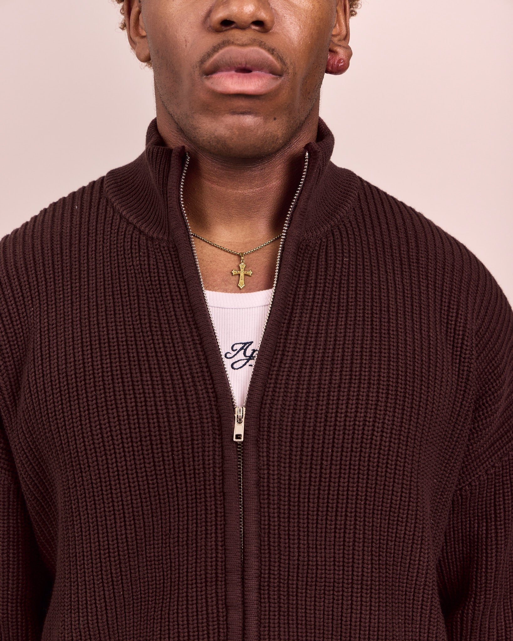 Fisherman Zip Cardigan Knit - Dark Brown