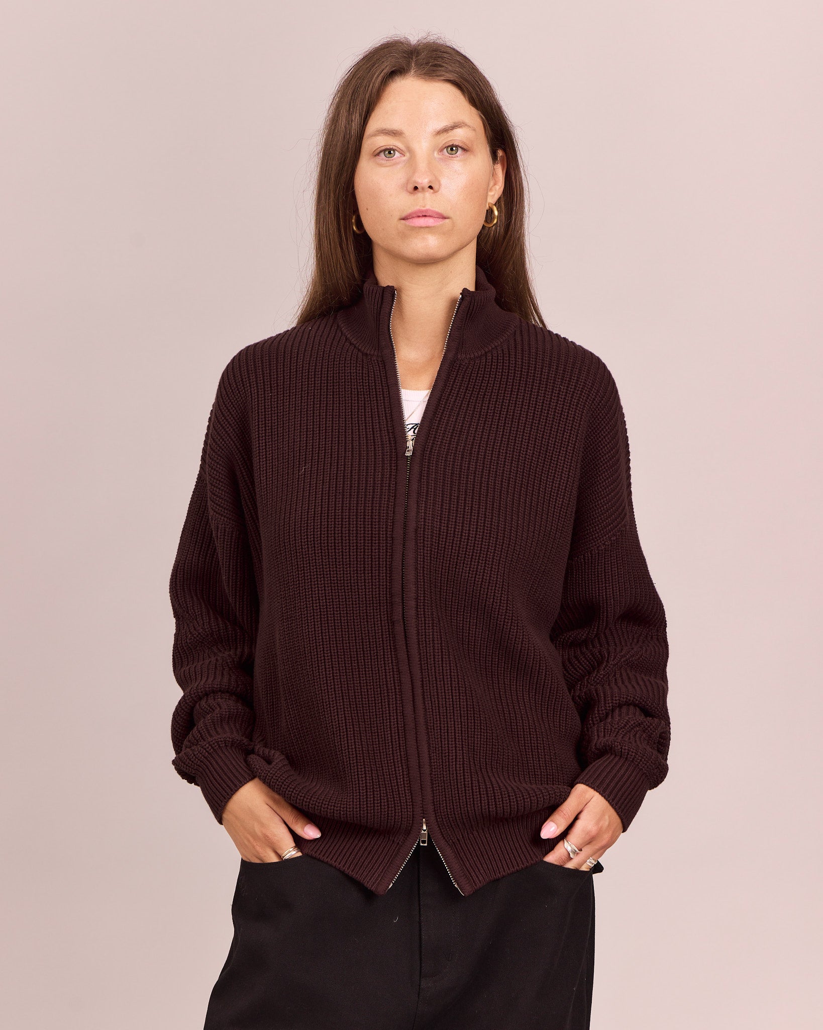 Fisherman Zip Cardigan Knit - Dark Brown