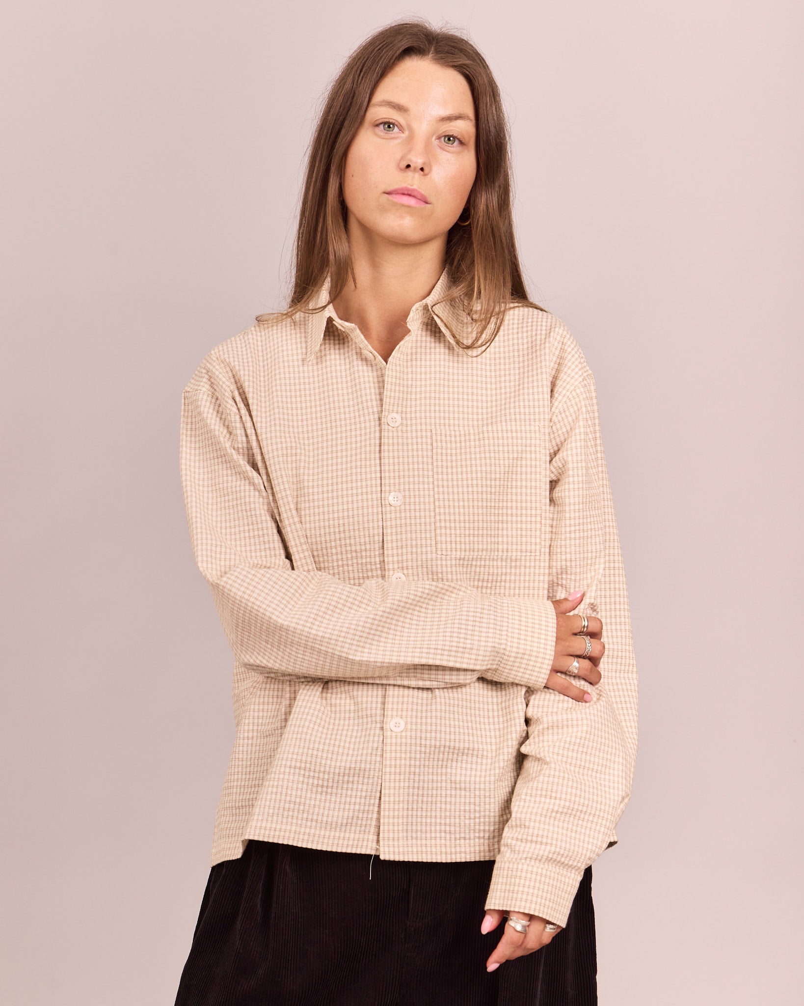 LS Checkered Shirt - Marshmallow/Brown