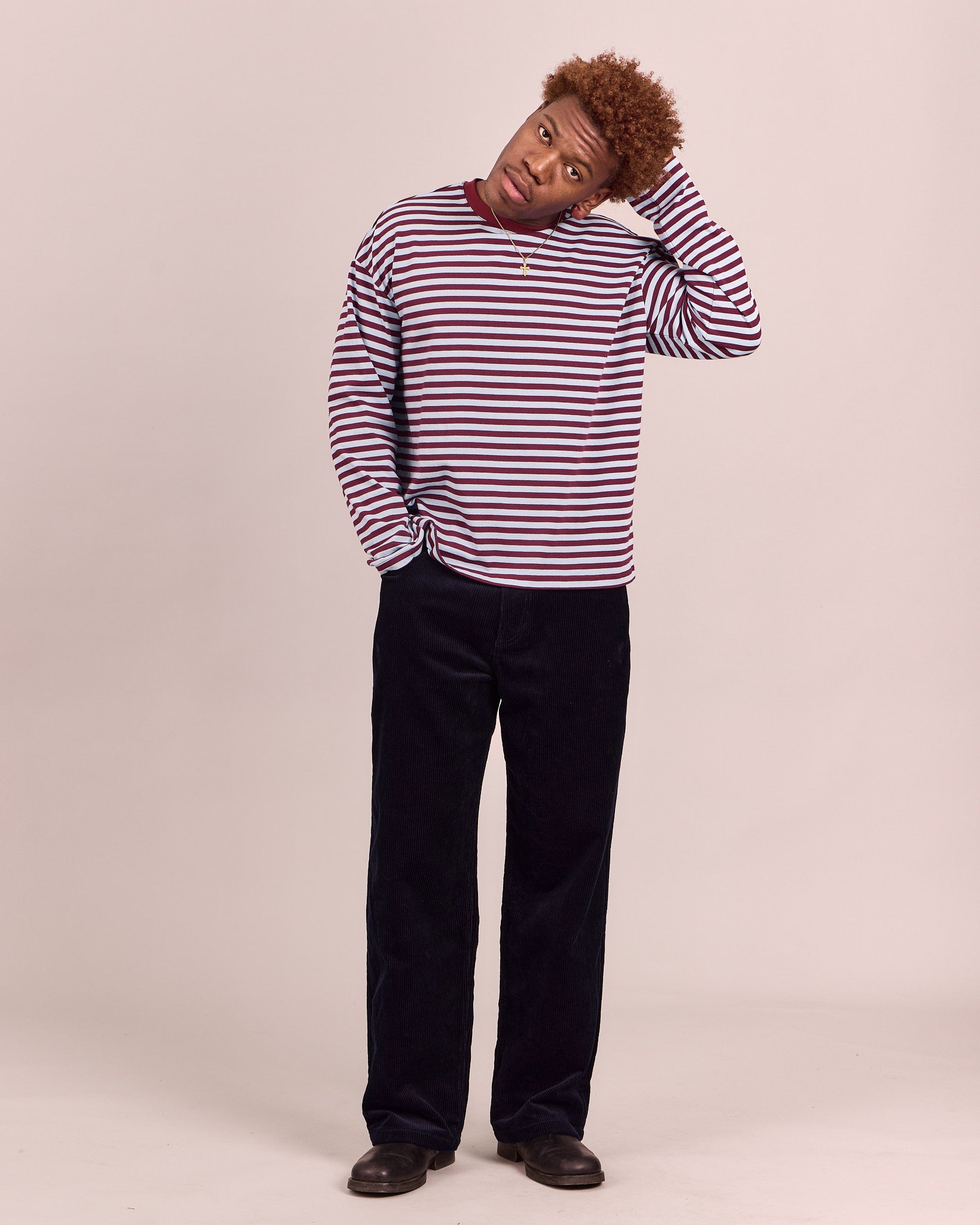 LS Classic Tee - Baby Blue/Burgundy Stripe