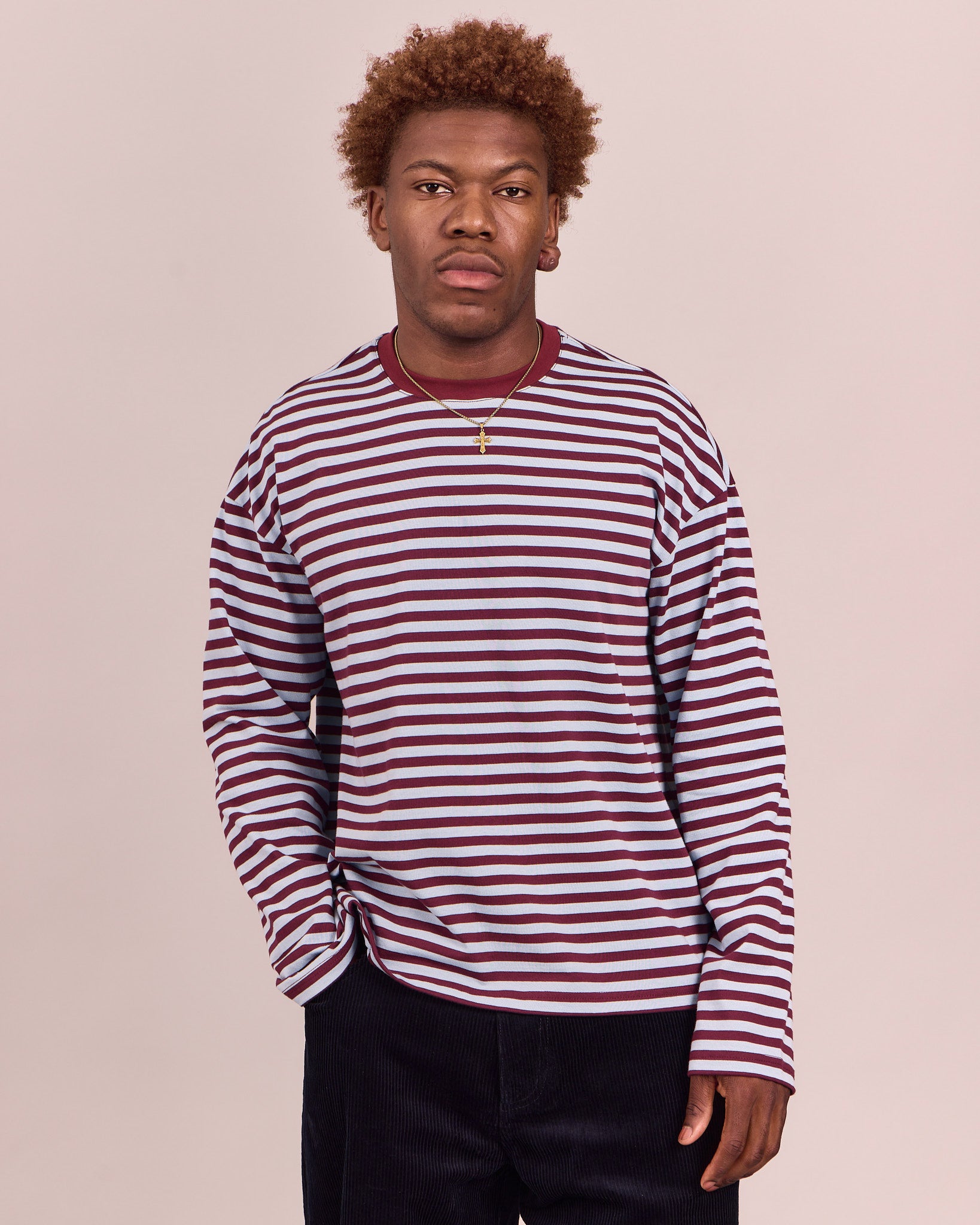 LS Classic Tee - Baby Blue/Burgundy Stripe