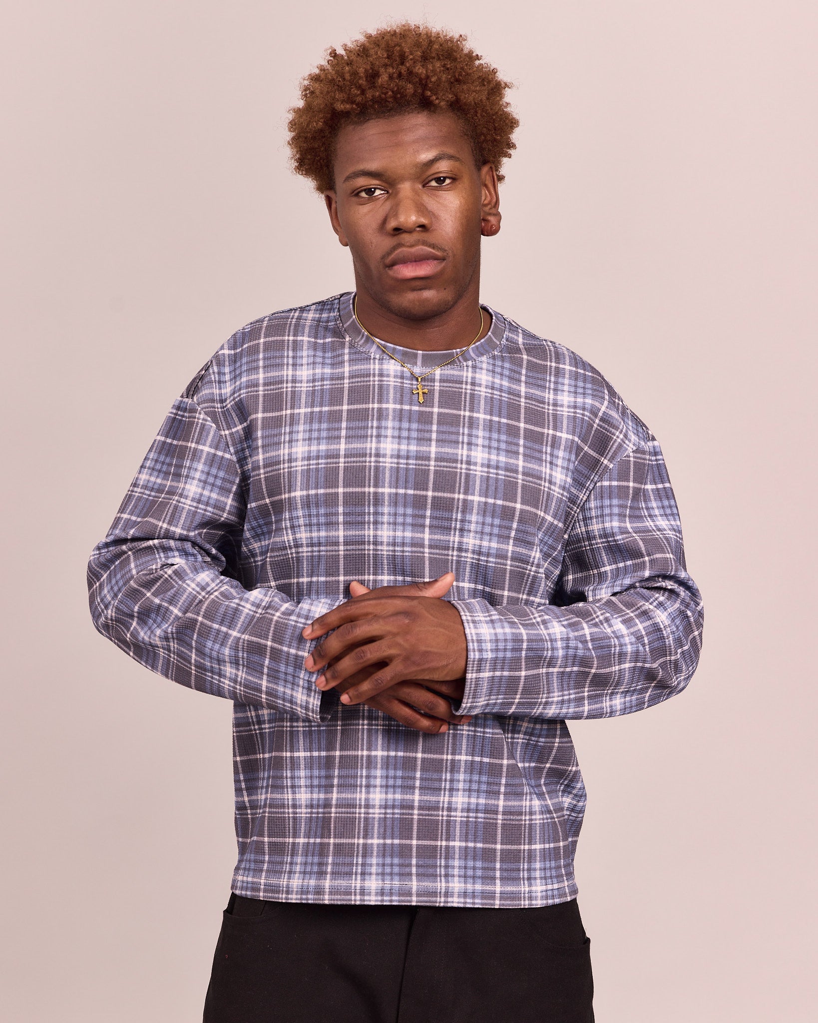 LS Classic Waffle Tee - Navy Check