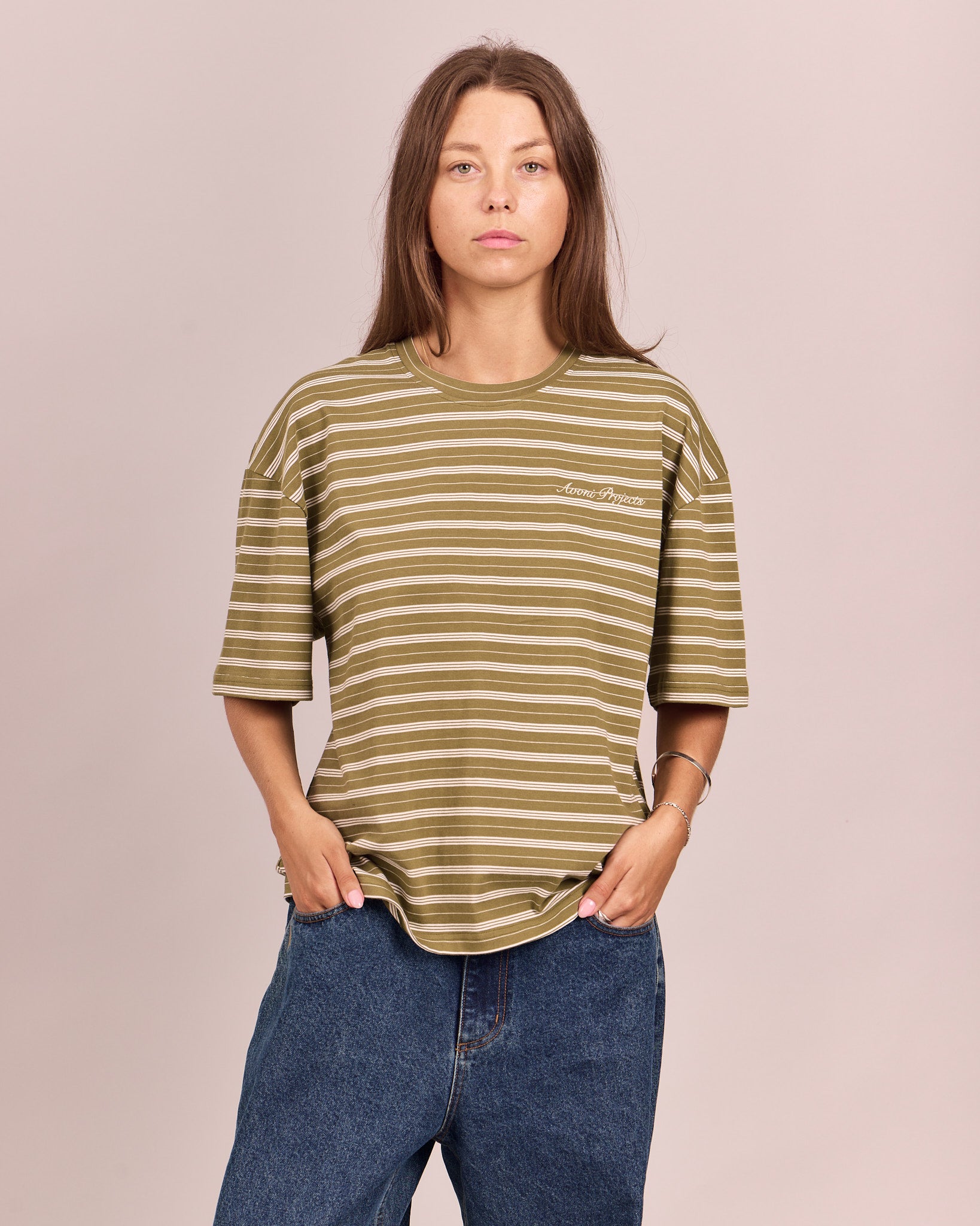 Boxy SS Tee - Sage Green Stripe