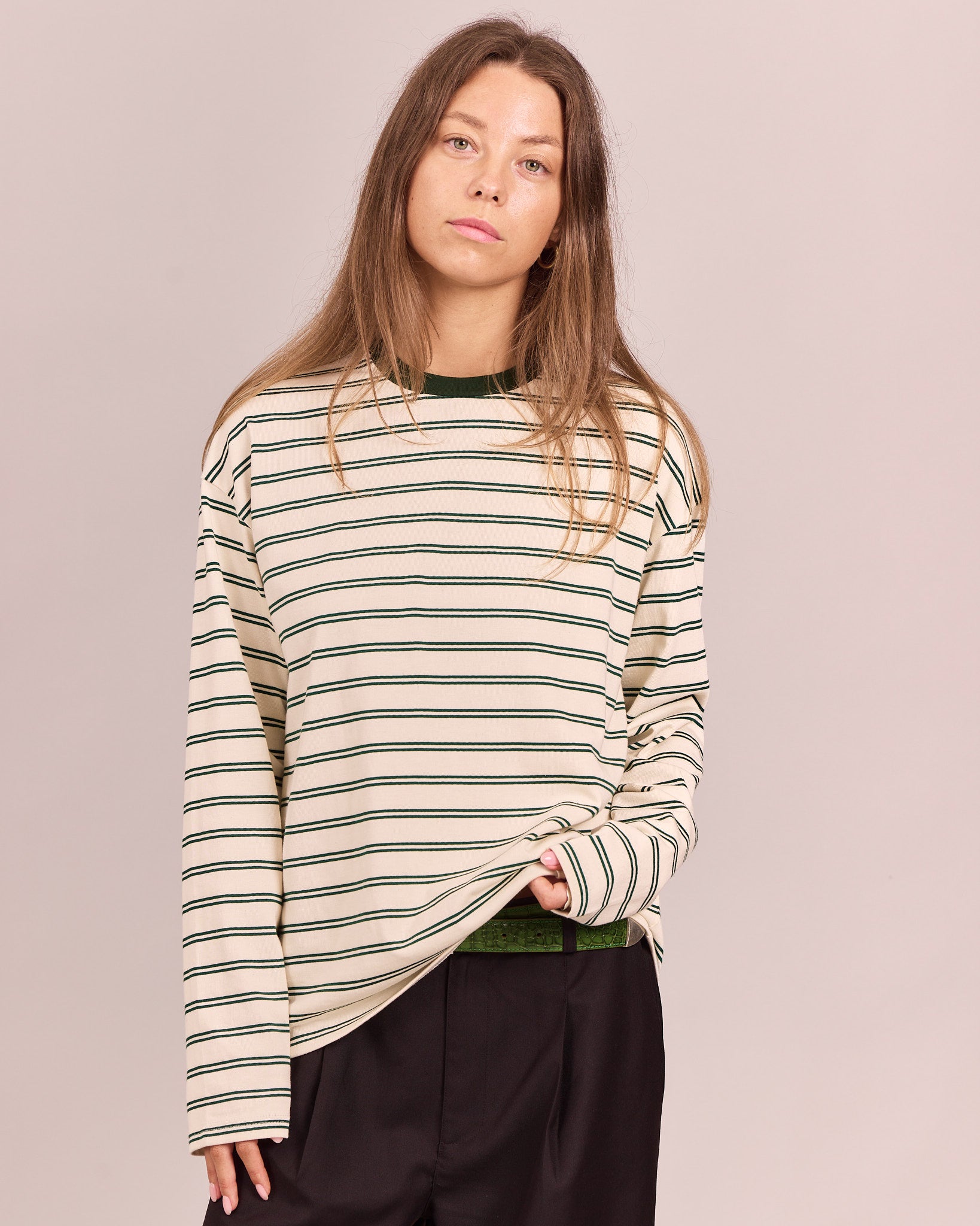 LS Classic Tee - Green/Marshmallow Stripe