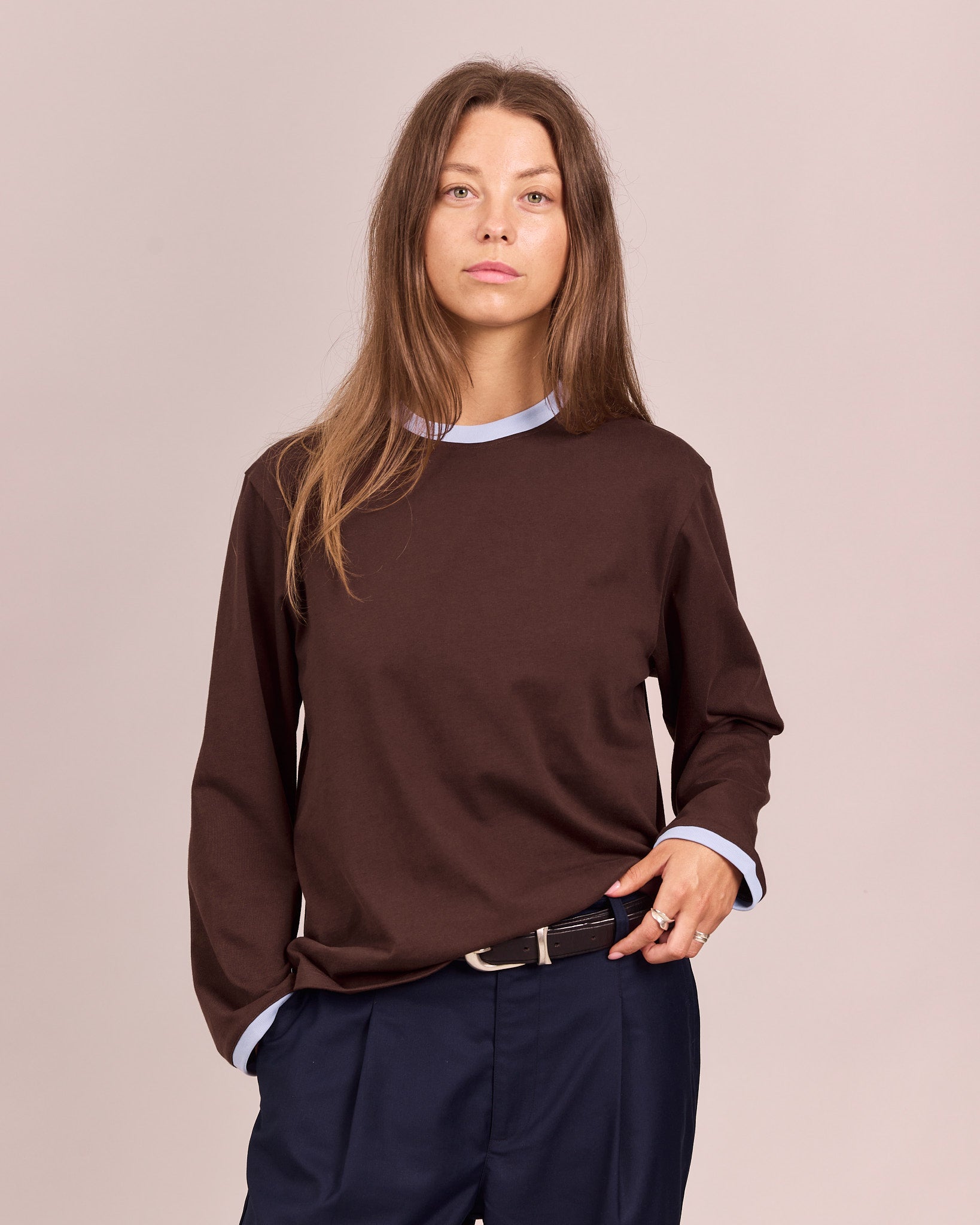LS Ringer Tee - Brown/Baby Blue
