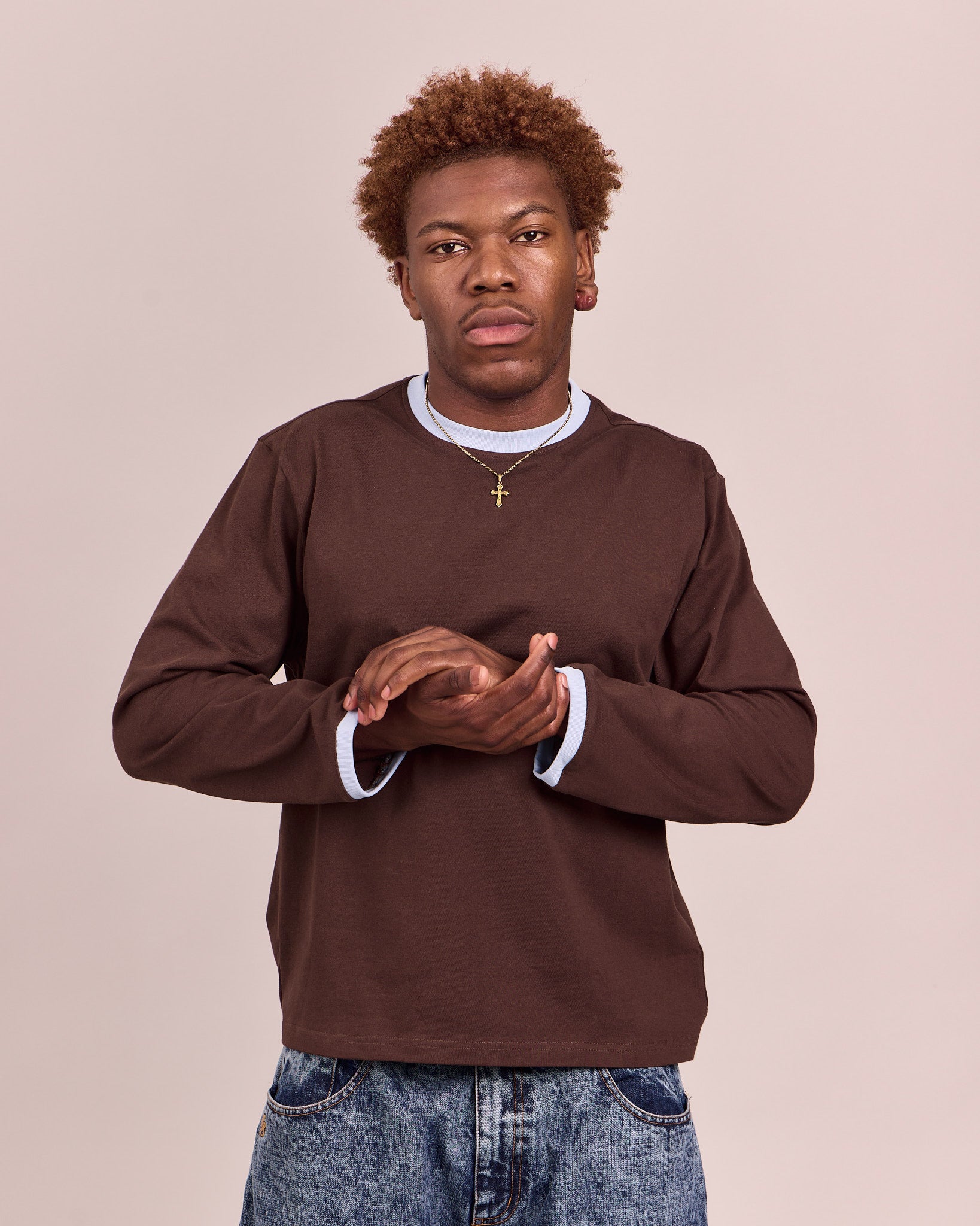 LS Ringer Tee - Brown/Baby Blue