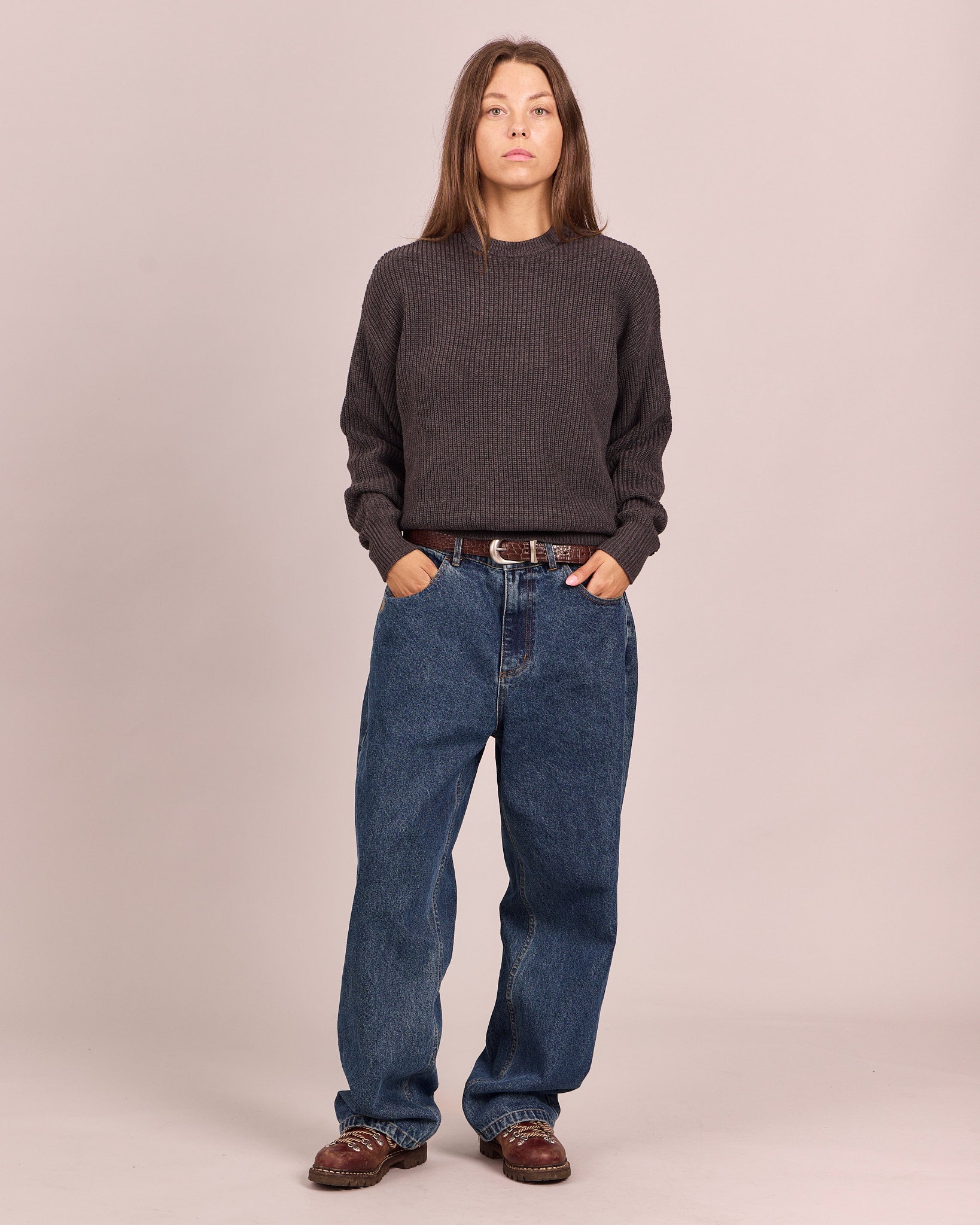 Fisherman O Neck Knit - Charcoal