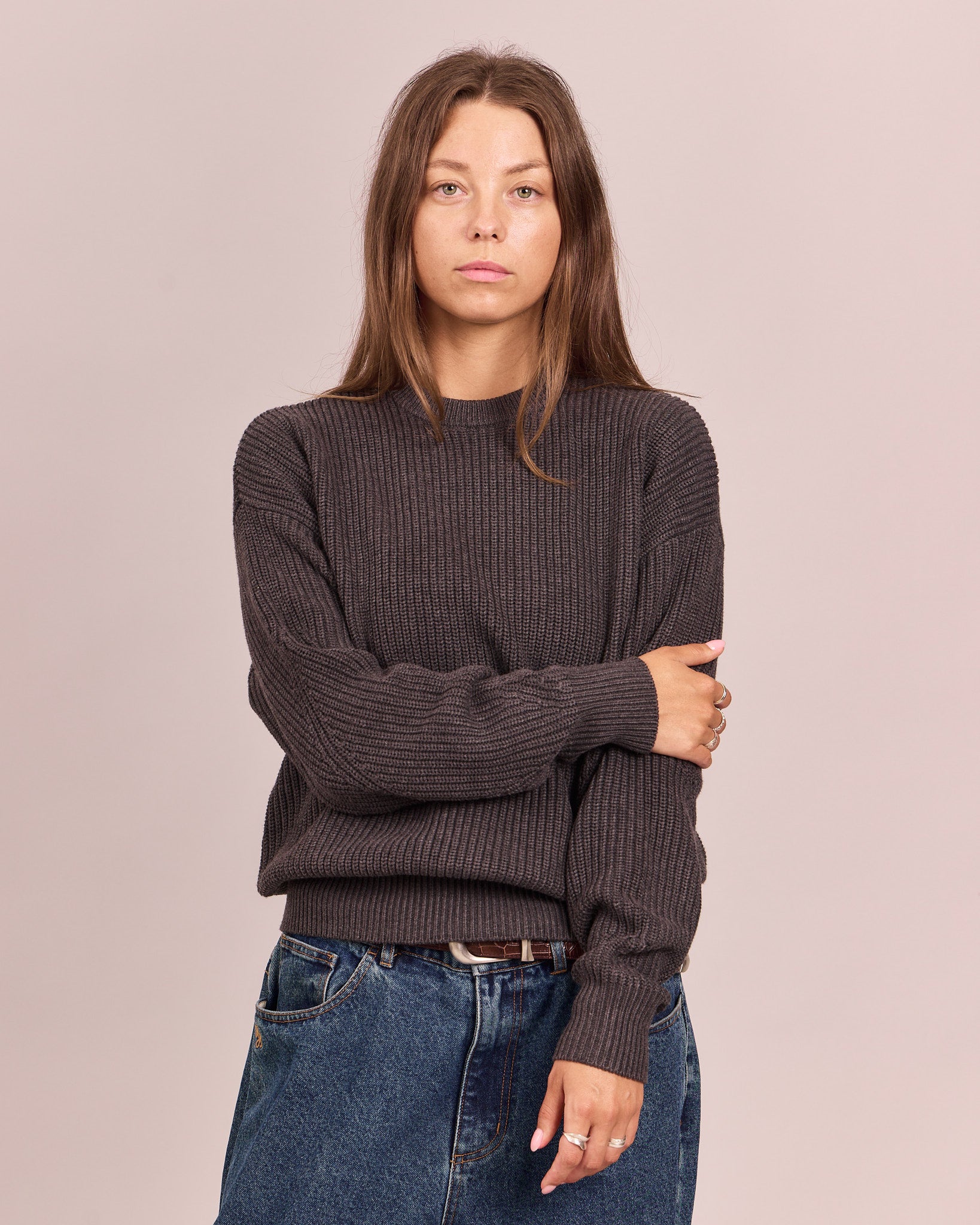 Fisherman O Neck Knit - Charcoal