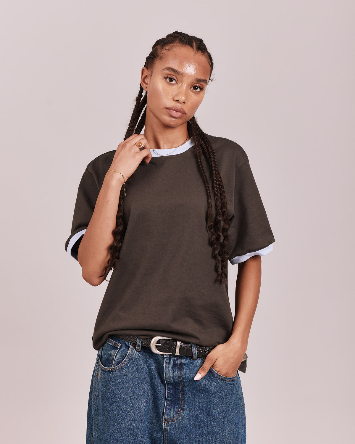 SS Ringer Tee - Charcoal/Baby Blue