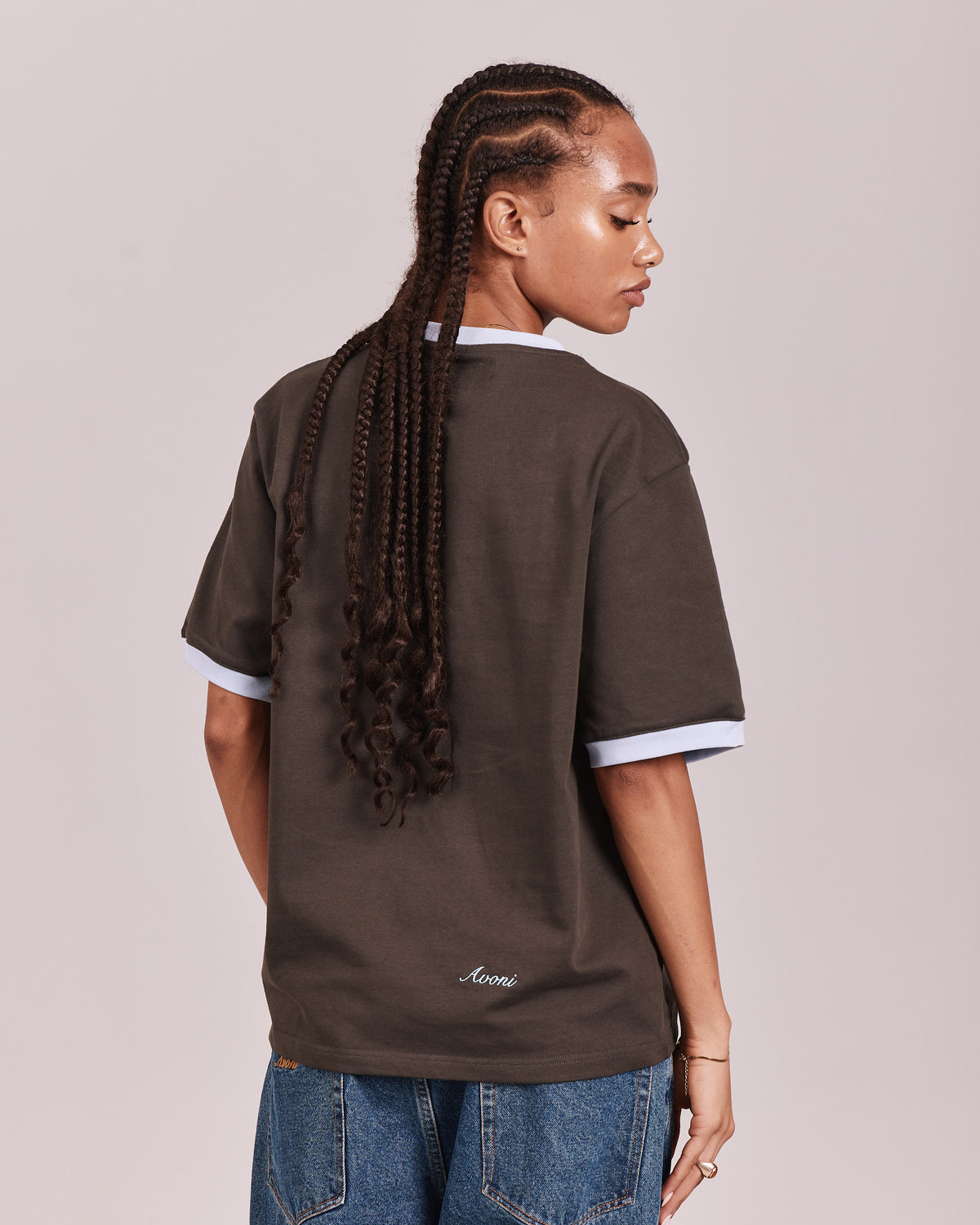 SS Ringer Tee - Charcoal/Baby Blue