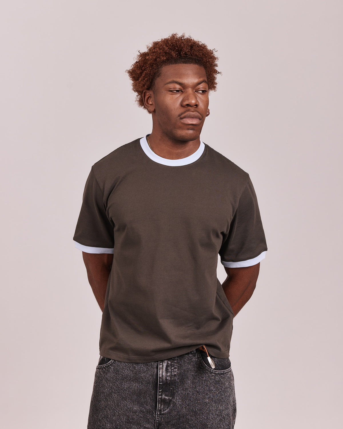SS Ringer Tee - Charcoal/Baby Blue