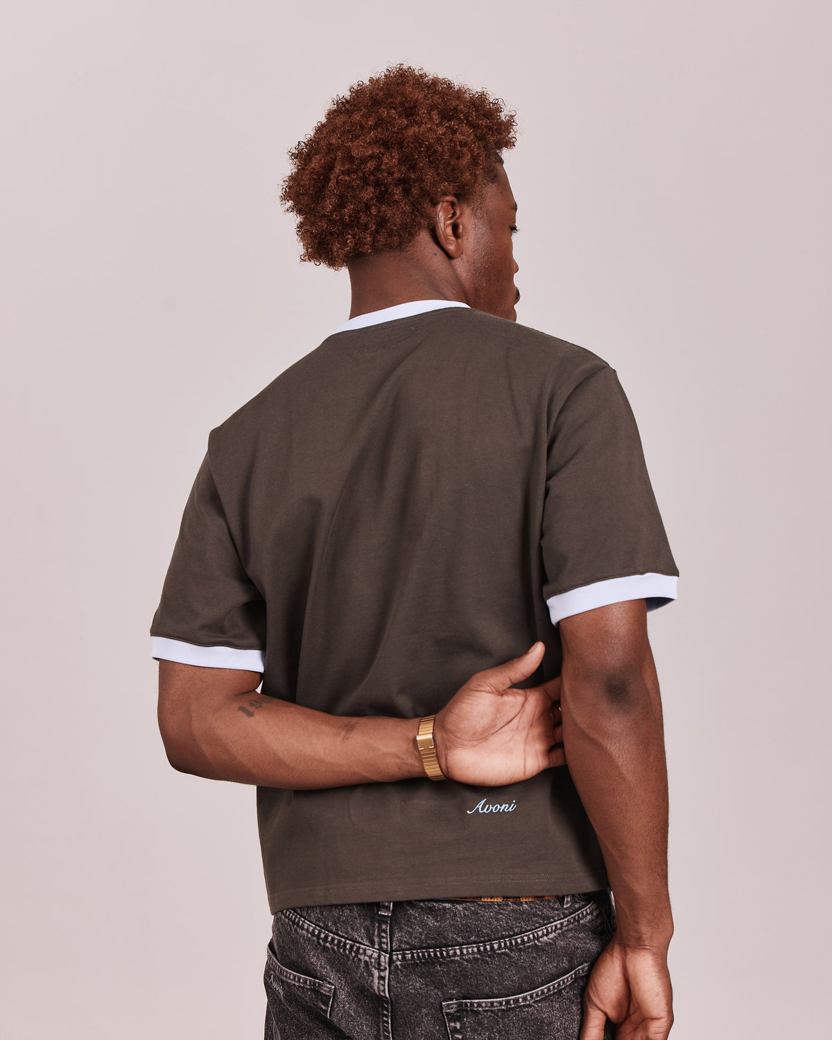 SS Ringer Tee - Charcoal/Baby Blue