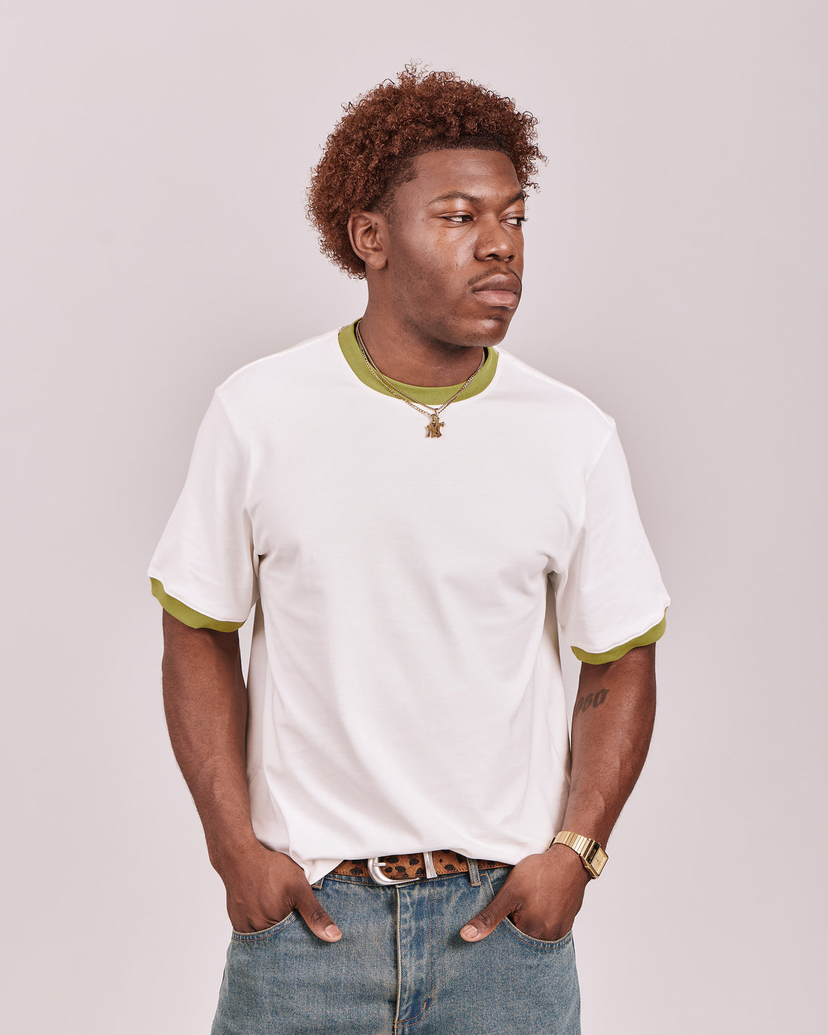 SS Ringer Tee - Off White/Moss Green
