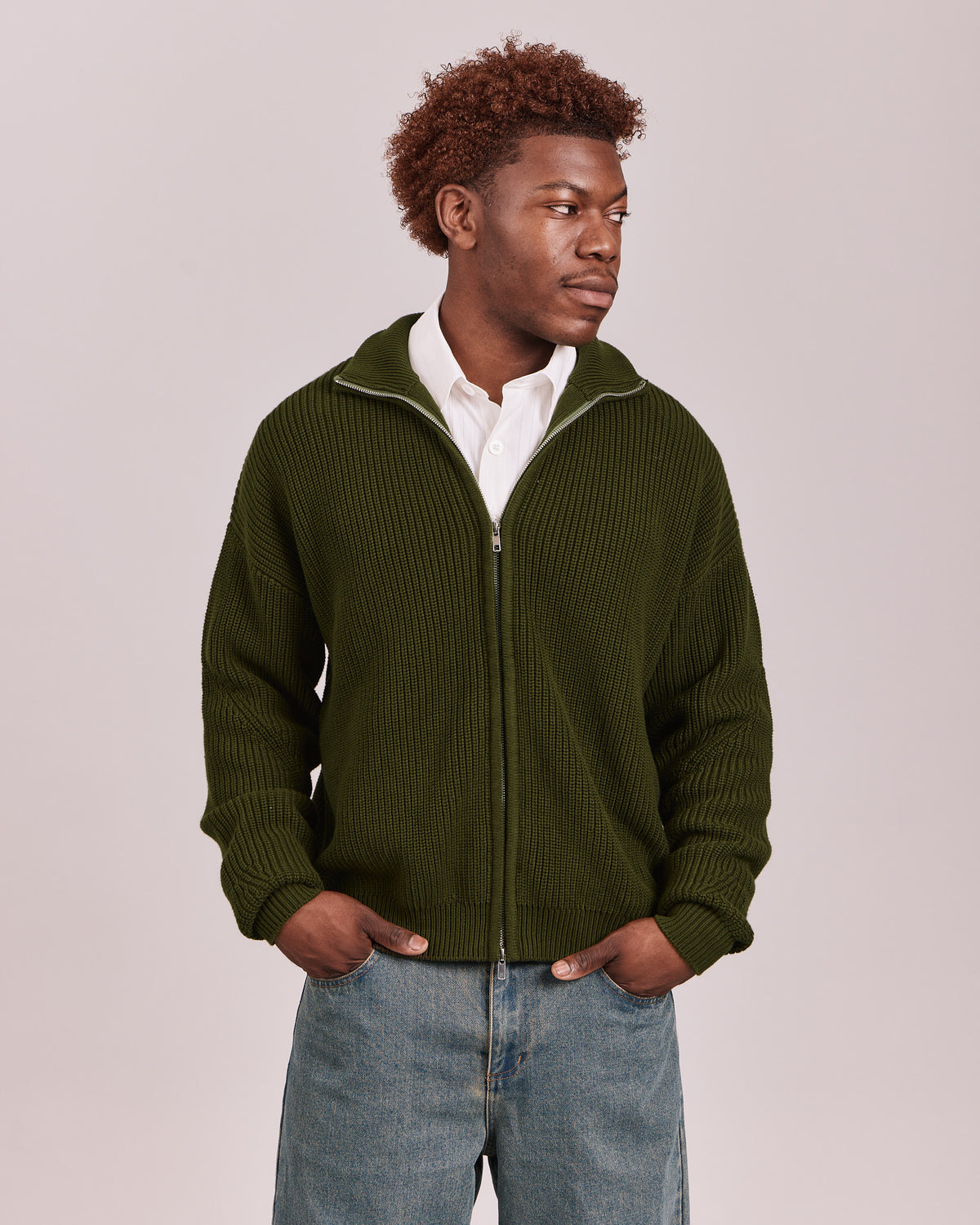 Fisherman Zip Cardigan Knit - Dark Moss