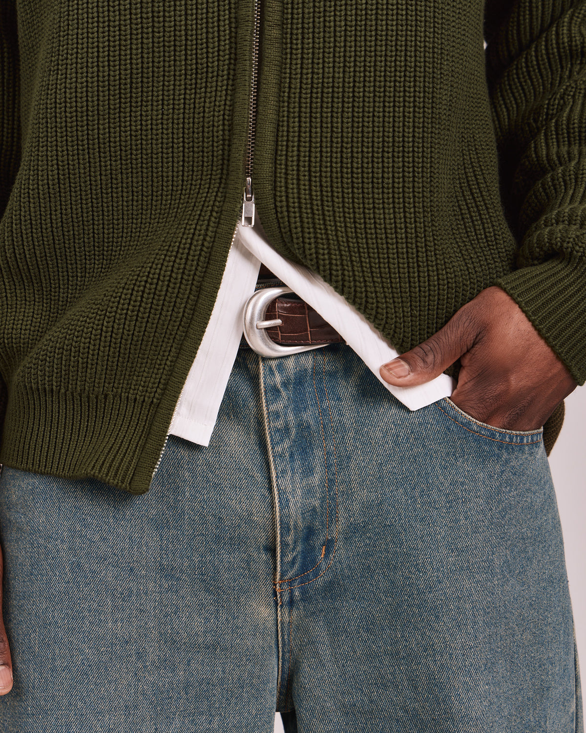 Fisherman Zip Cardigan Knit - Dark Moss
